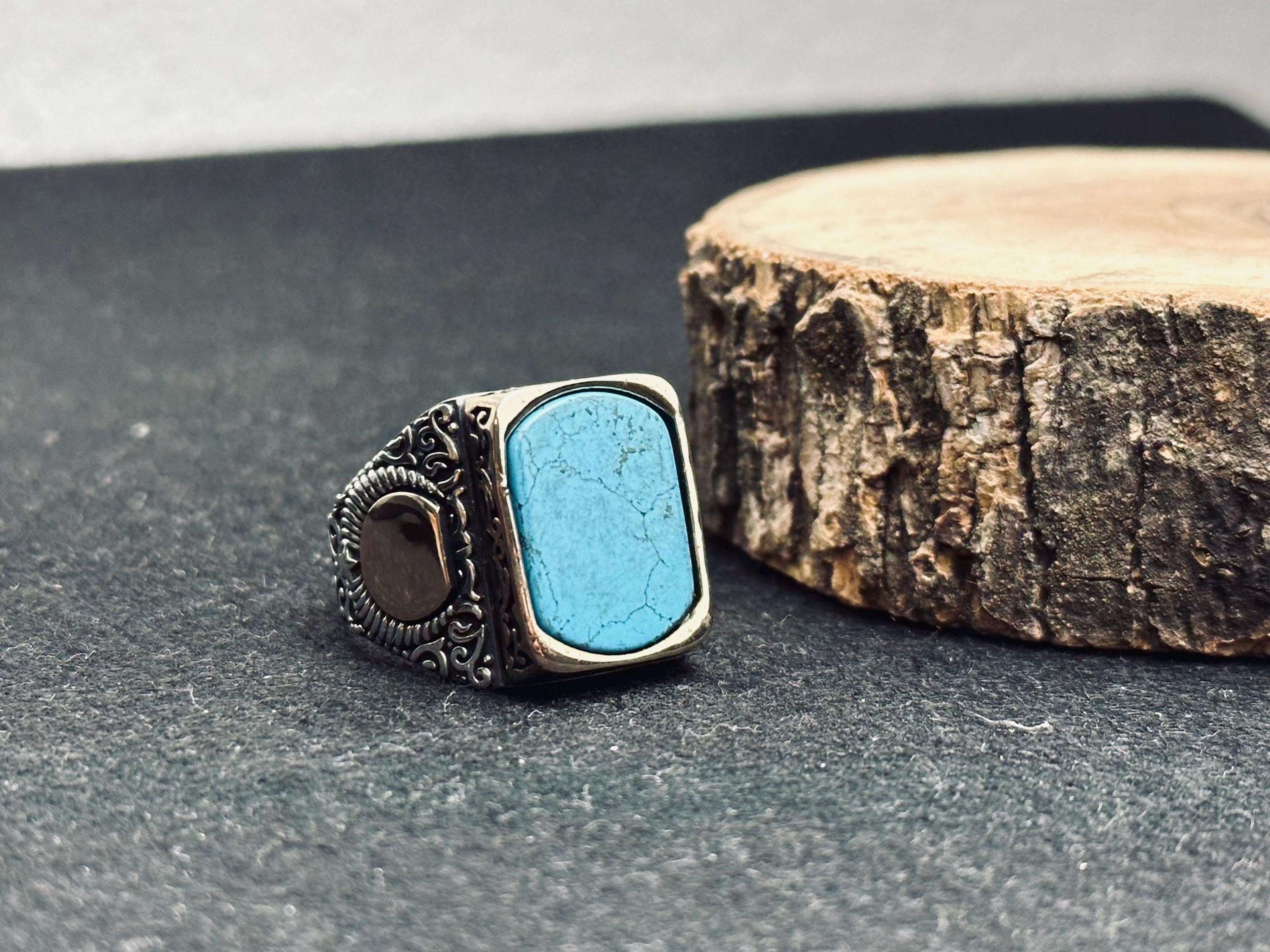 Men’s Turquoise Ring: Square Stone - Sterling Silver Boho Jewelry