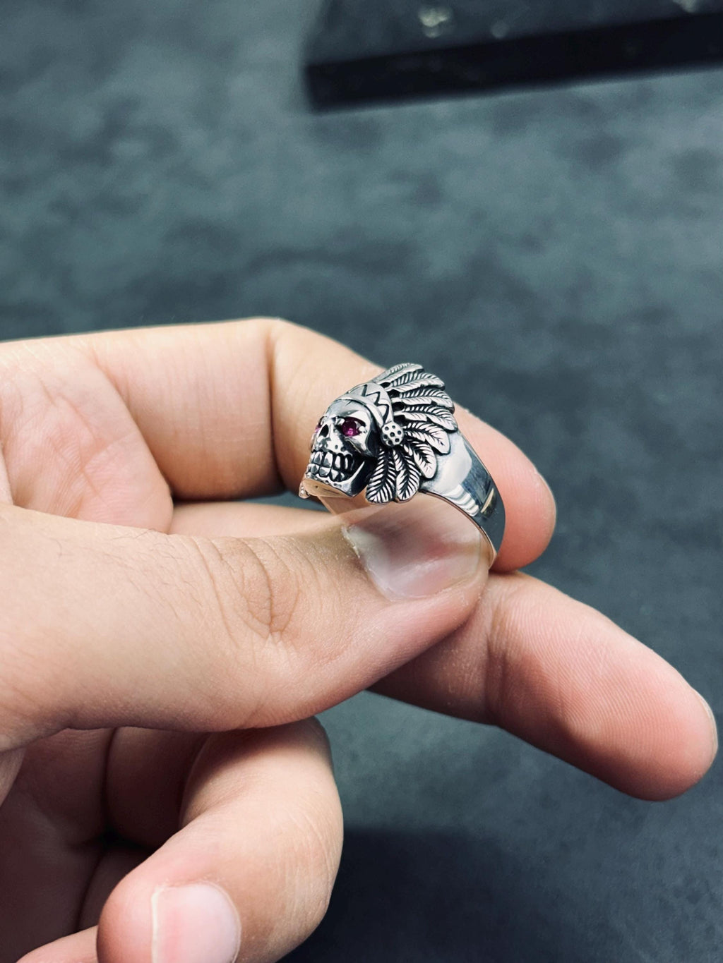 Indian Chief Skull Ring: Sterling Silver with Cubic Zirconia - Men's Jewelry