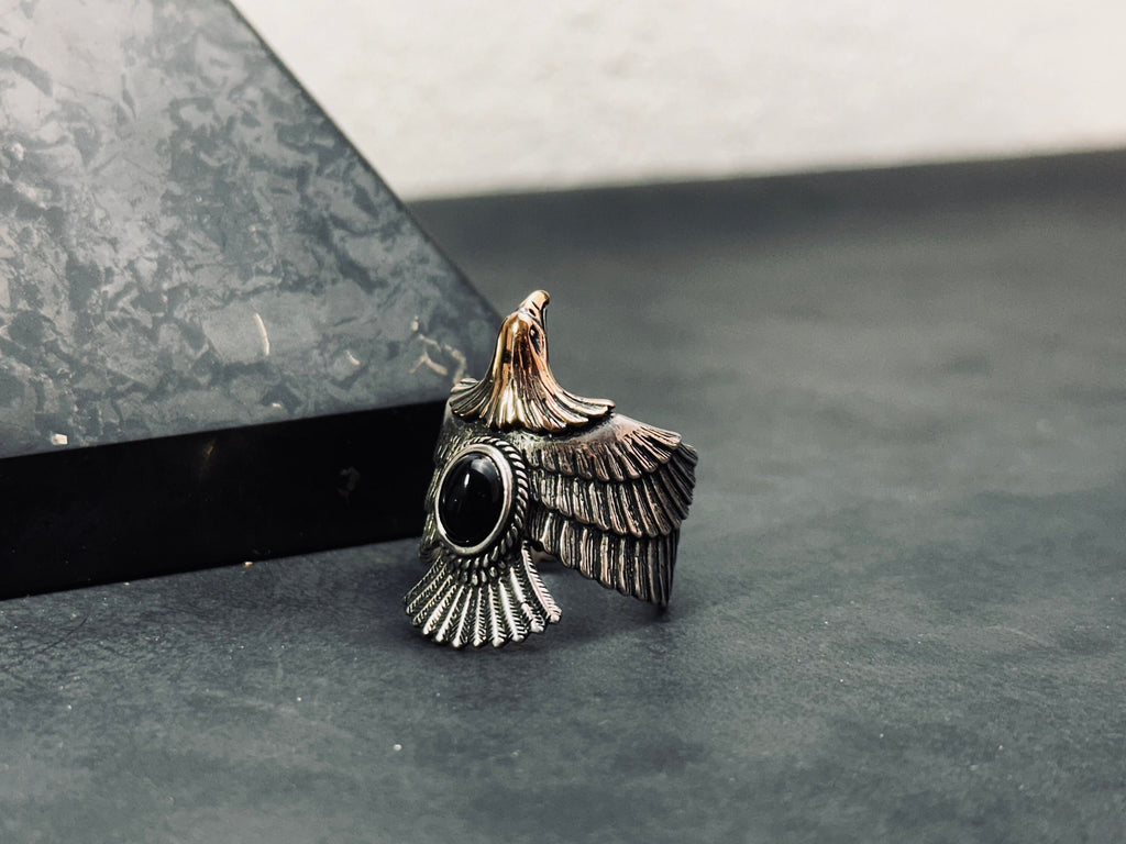 Eagle Ring: Onyx Stone, Sterling Silver - Adjustable Oxidized Finish