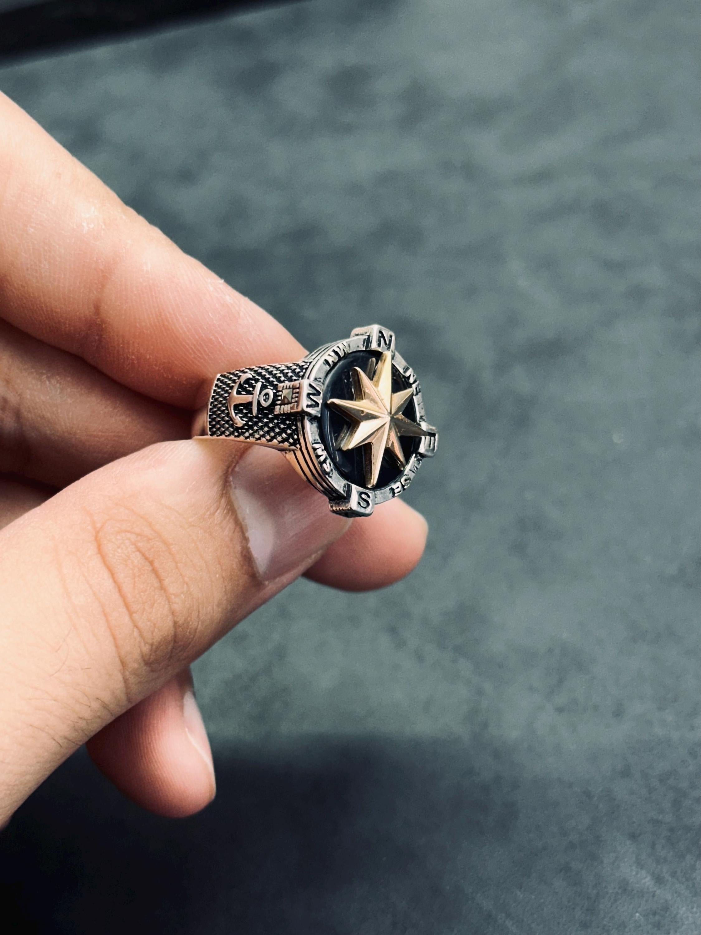 Unisex Sterling Silver Compass Ring, North Star (Handmade)