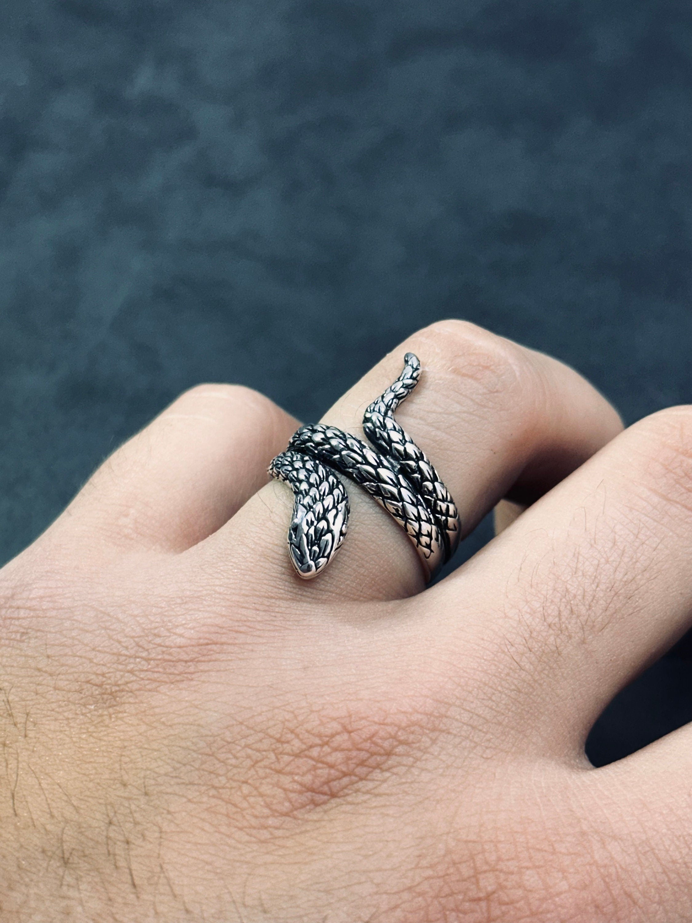 Sterling Silver Snake Ring, Oxidized Finish (Adjustable, Handmade)