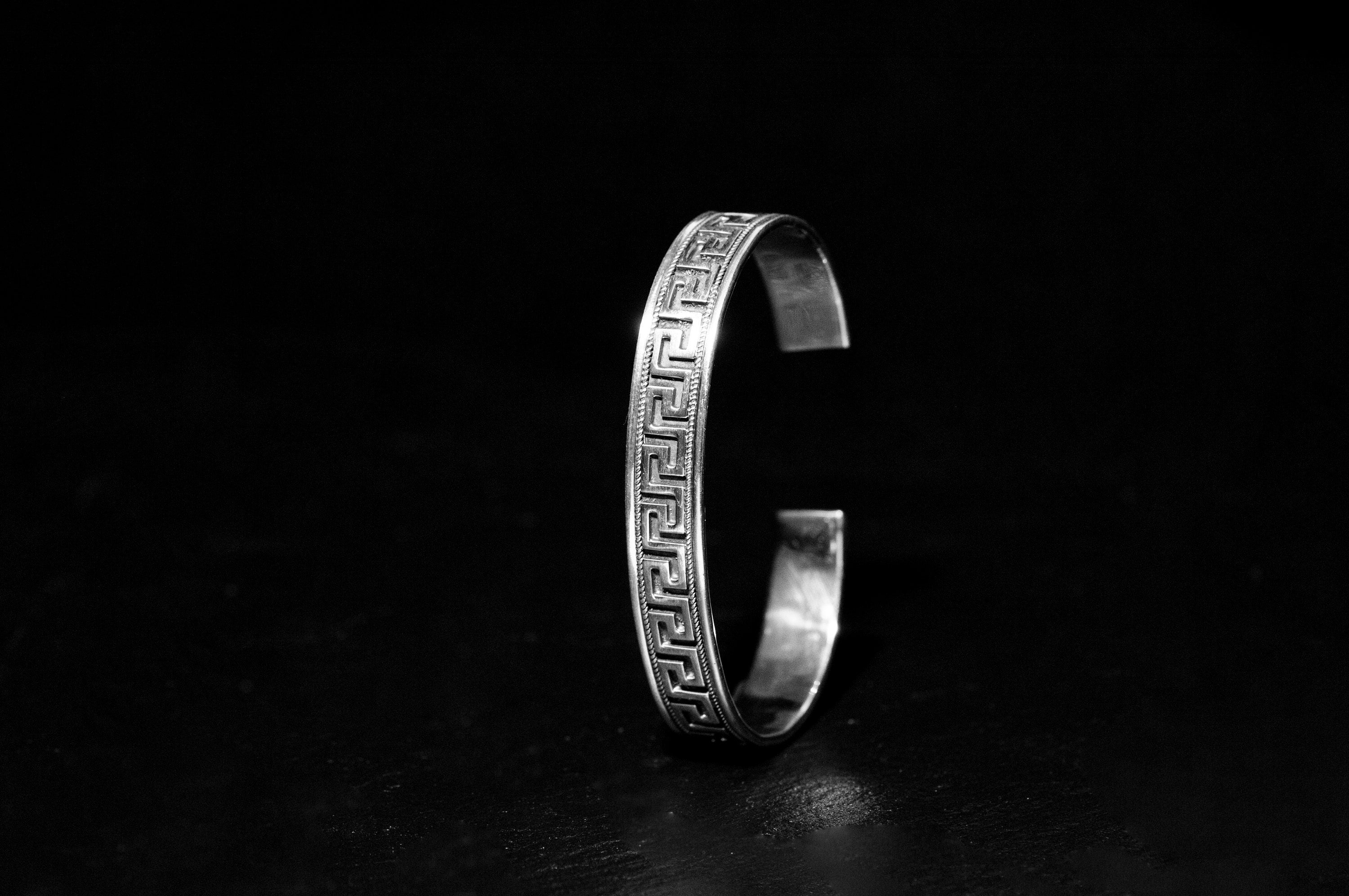 Engraved Silver Cuff Bracelet: Greek Key Pattern (Sterling, Handmade)