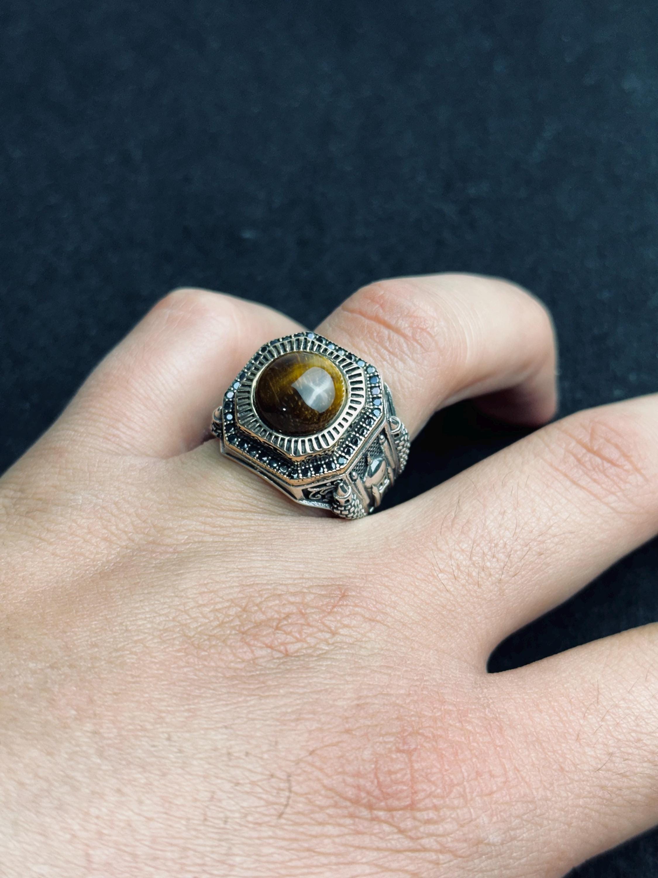 Tiger Eye Statement Ring: Men's Silver Jewelry (Mosque Engraving)