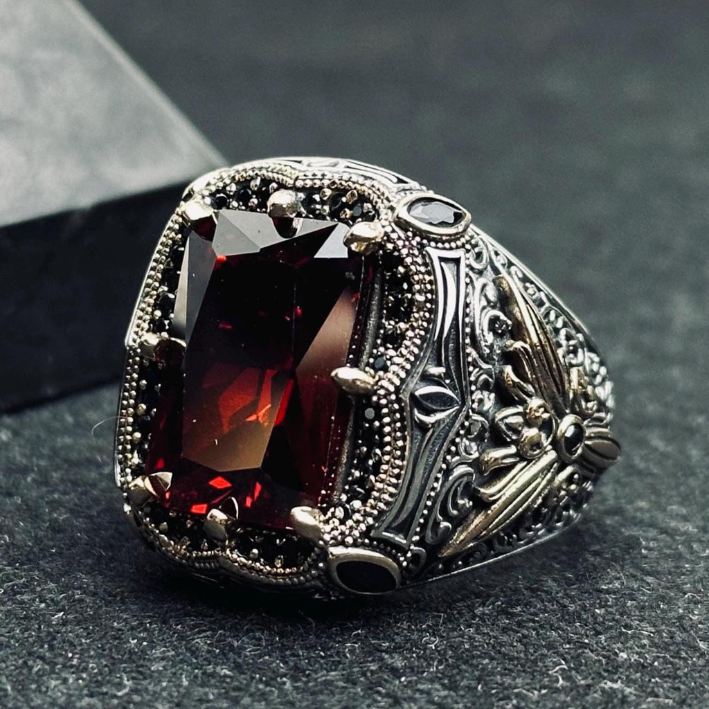 Ottoman Style Ruby Ring - Men's Sterling Silver Statement Jewelry