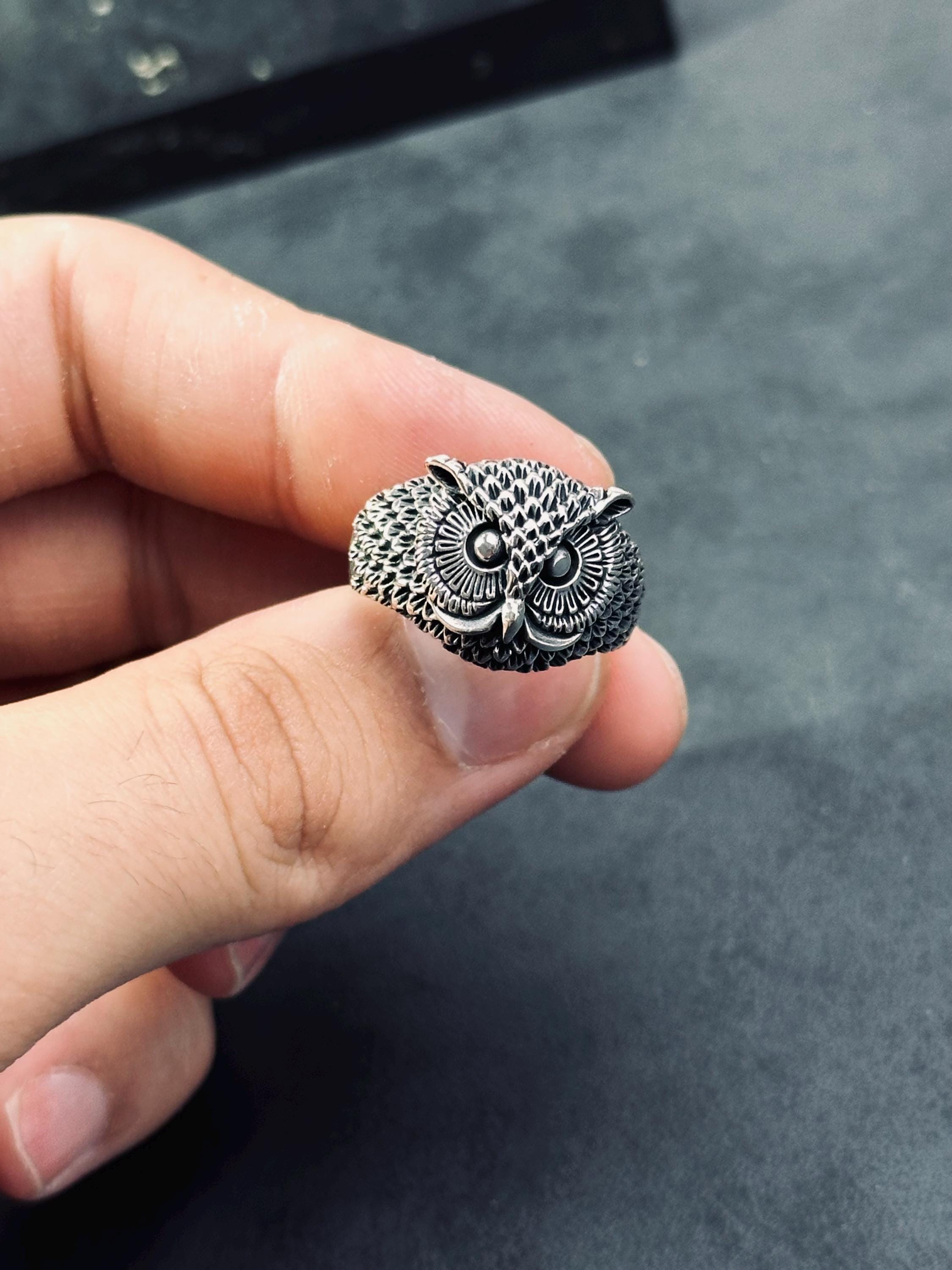 Sterling Silver Owl Ring, Oxidized Finish (Men's Handmade Size 8-12)