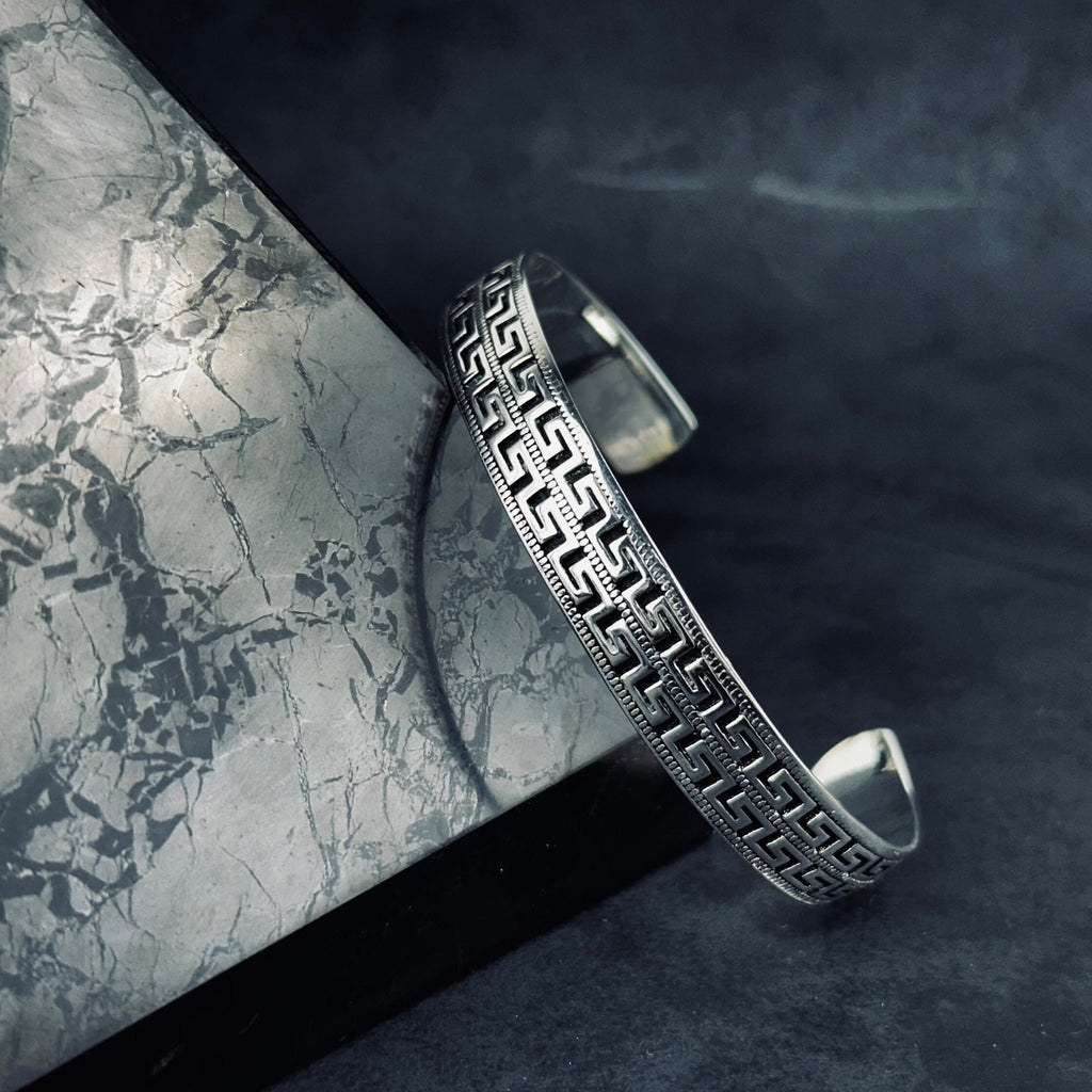 Sterling Silver Greek Key Bracelet - Handmade Unisex Cuff