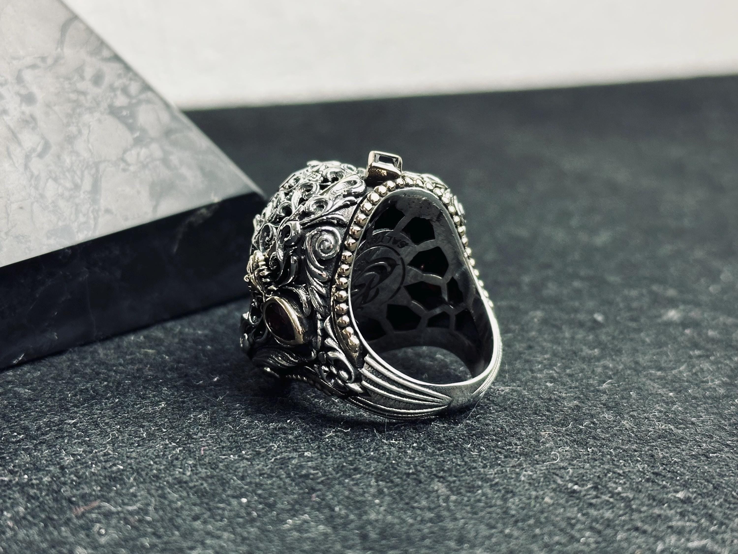 Ruby Ring, 925 Sterling Silver Victorian Filigree Statement Ring