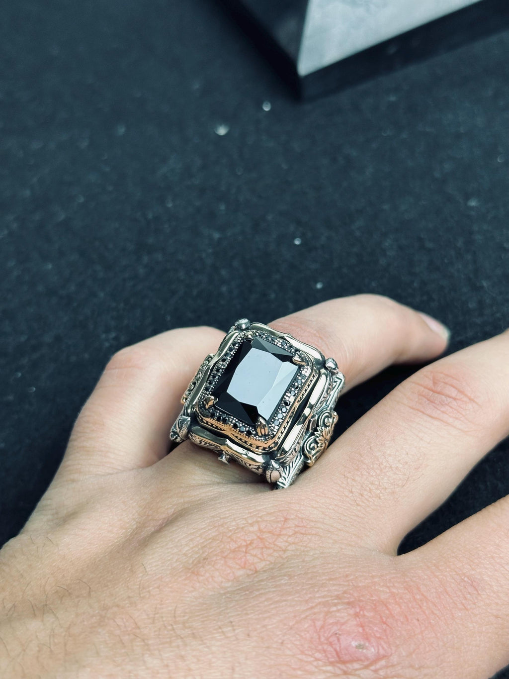 Black Zircon King Ring, 925 Sterling Silver Gothic Statement Jewelry