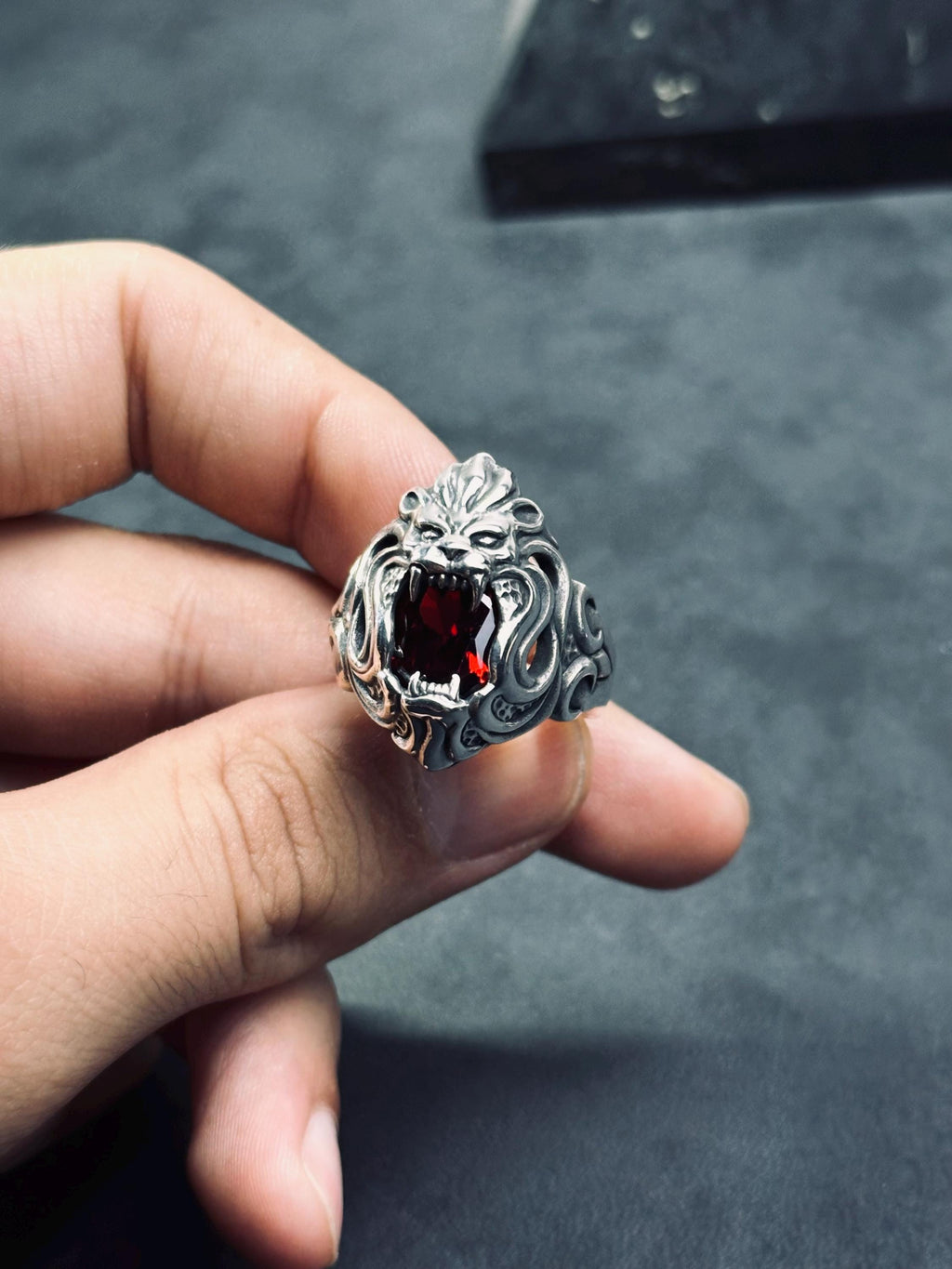 Boho Sterling Silver Lion Ring, Red Cubic Zirconia (Oxidized Finish)