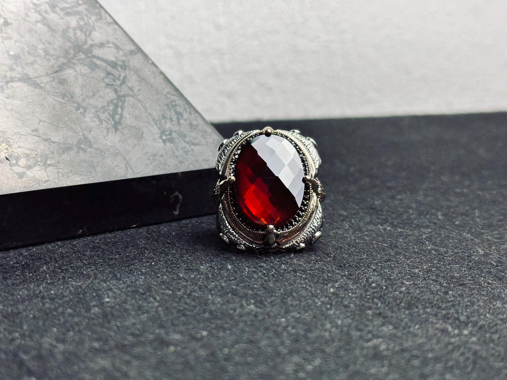 Lion Head Statement Ring: Sterling Silver with Red Gemstone