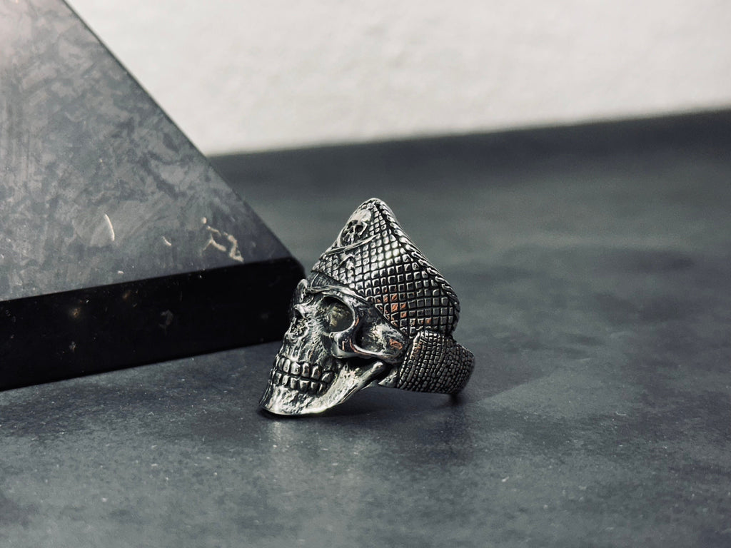 Sterling Silver Pirate Skull Ring: Gothic Biker Captain Design