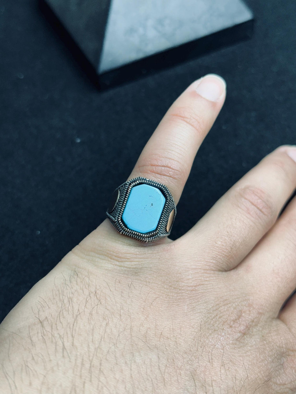 Turquoise Statement Ring - Sterling Silver, Engraved Design