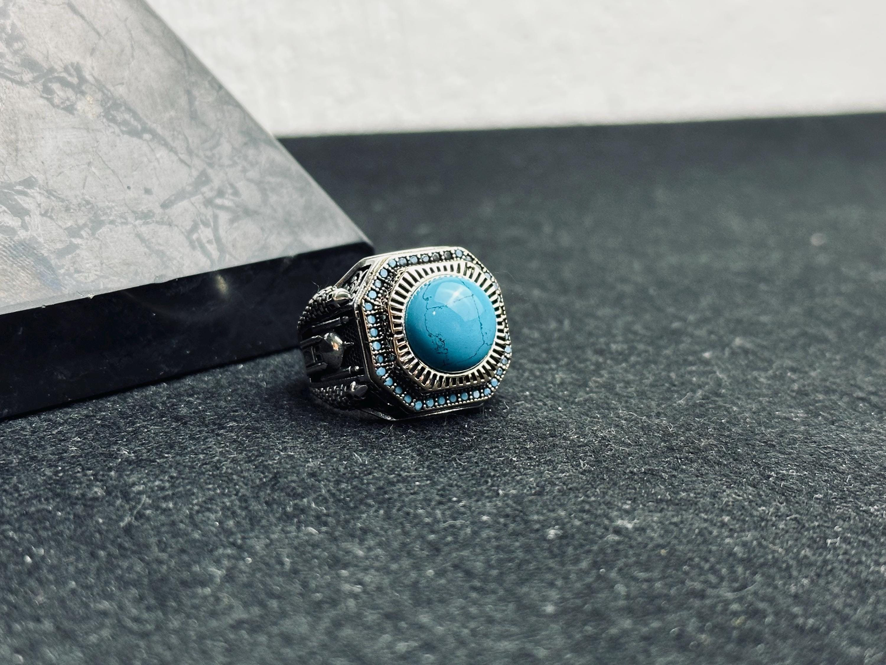 Turquoise Men's Ring: Mosque Engraved Sterling Silver Statement