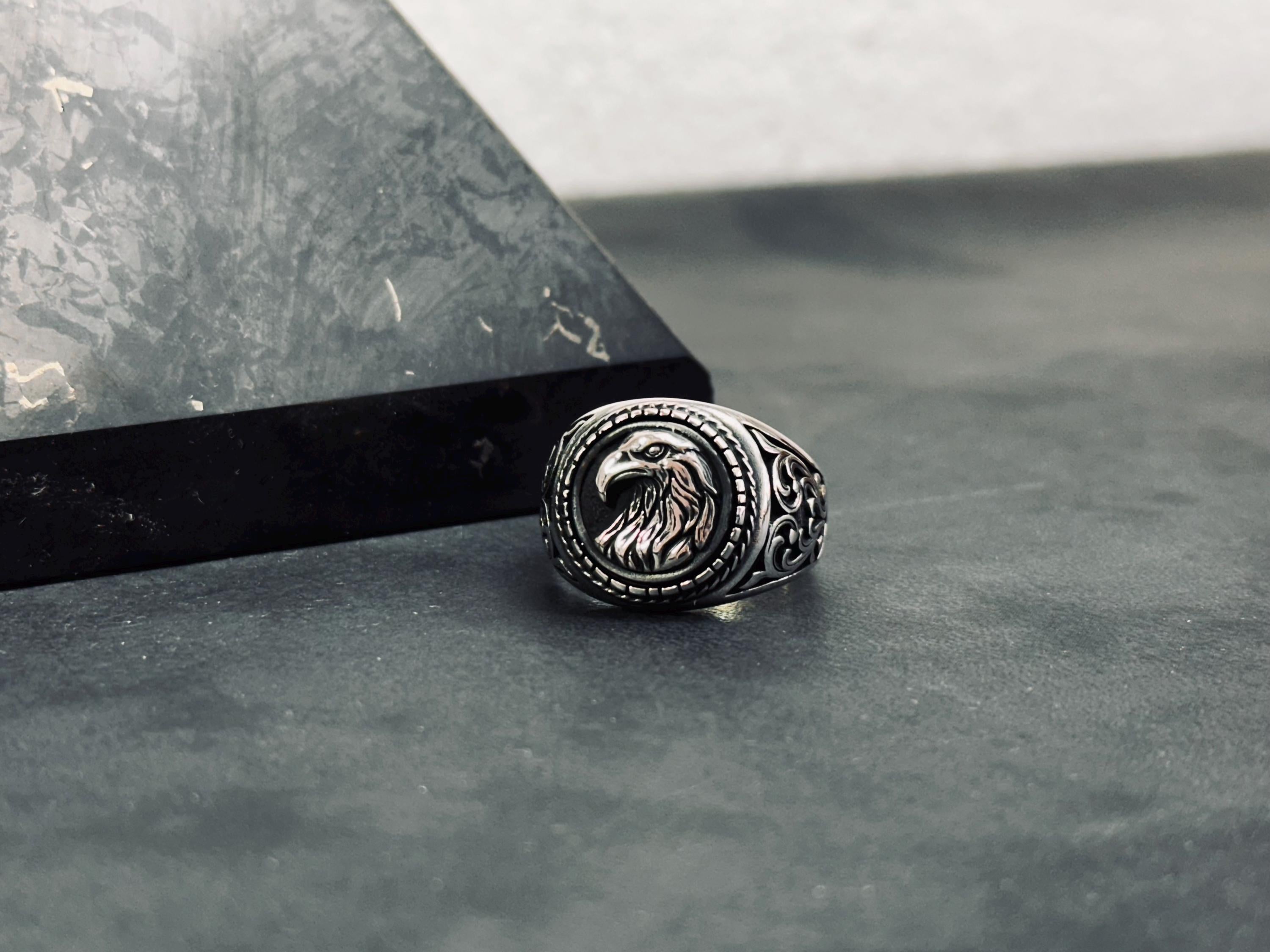 Artisan Sterling Silver Eagle Ring, Round Band (Mens and Womens)
