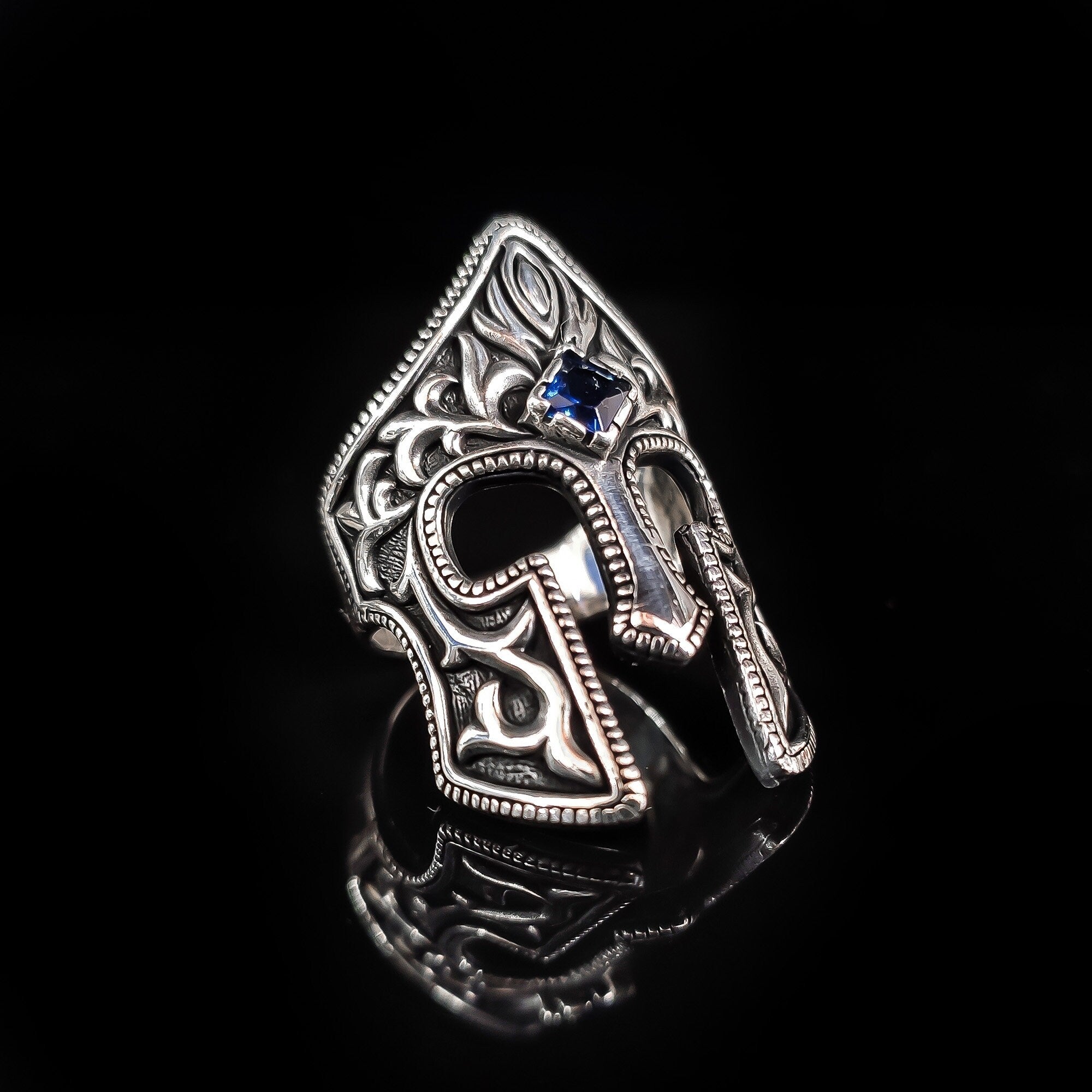 Spartan Helm Ring: Sterling Silver, Emerald Accent - Handmade
