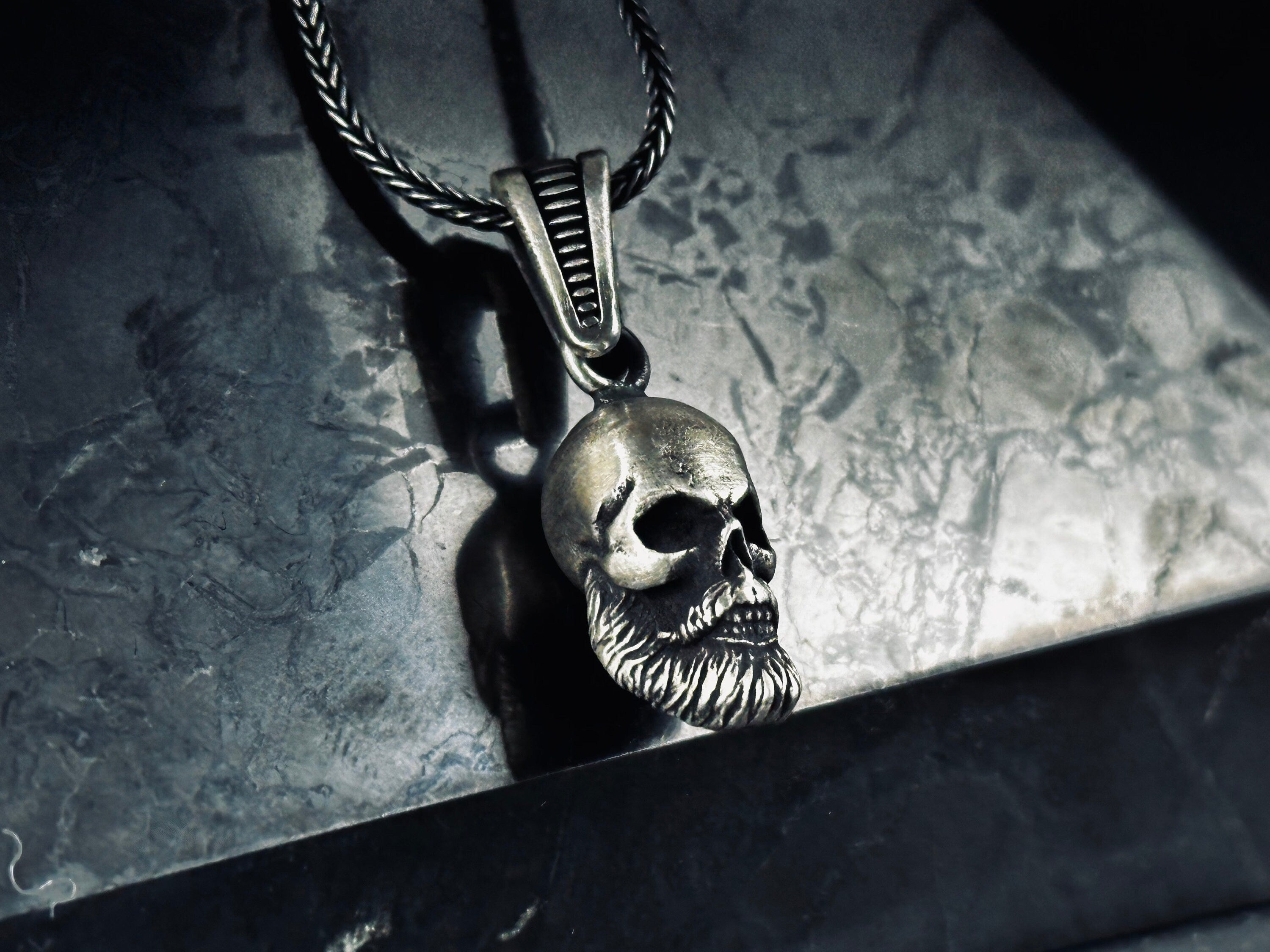 Pendant Necklace: Silver Skull with Beard - Men's Statement Jewelry