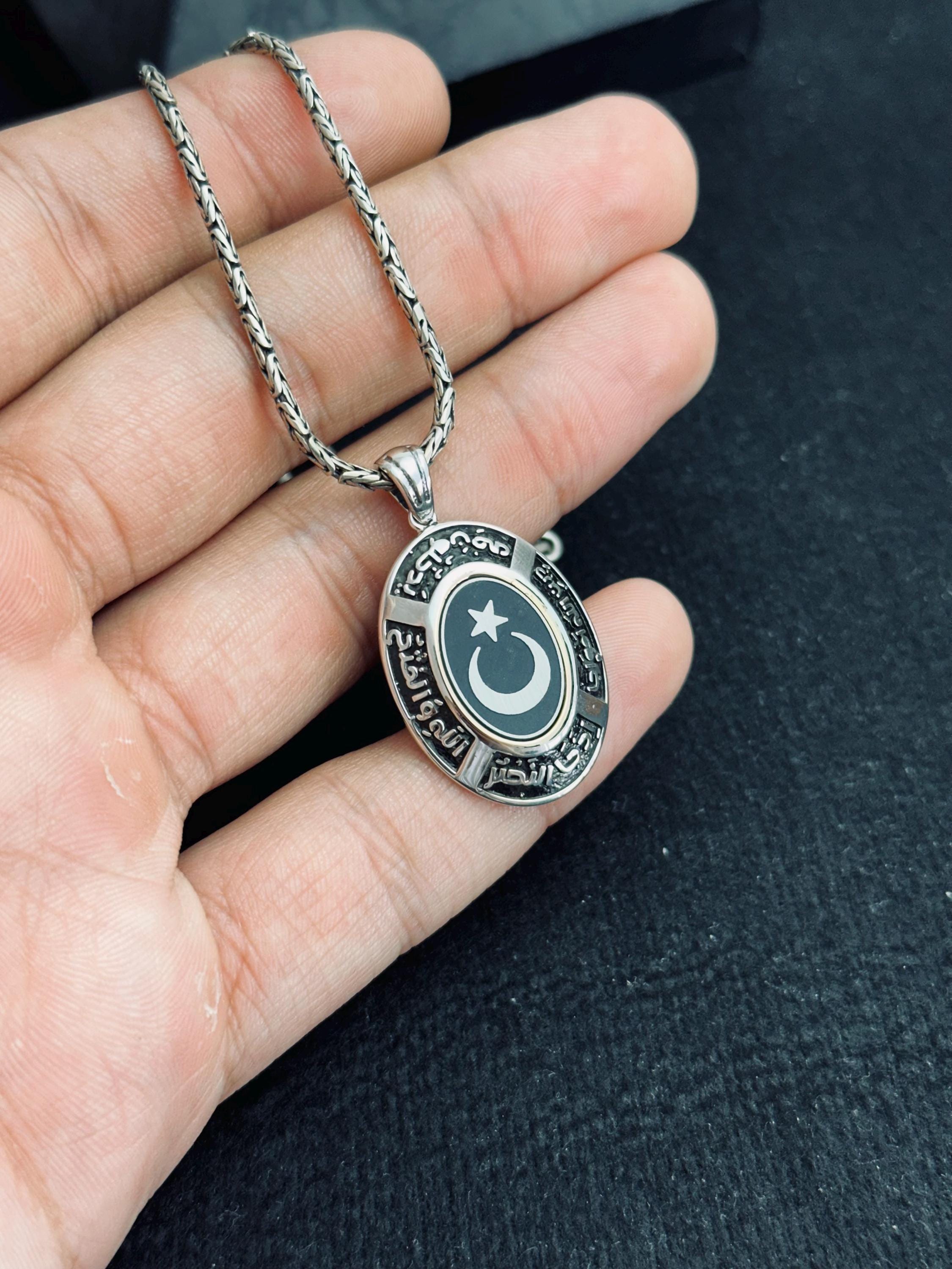 Crescent Moon & Star Necklace, Sterling Silver Oval Pendant (Handmade)