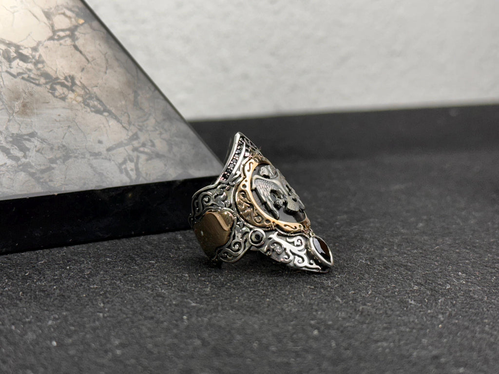 Double Headed Eagle Silver Ring, Handmade Thumb Band (Sterling 925)