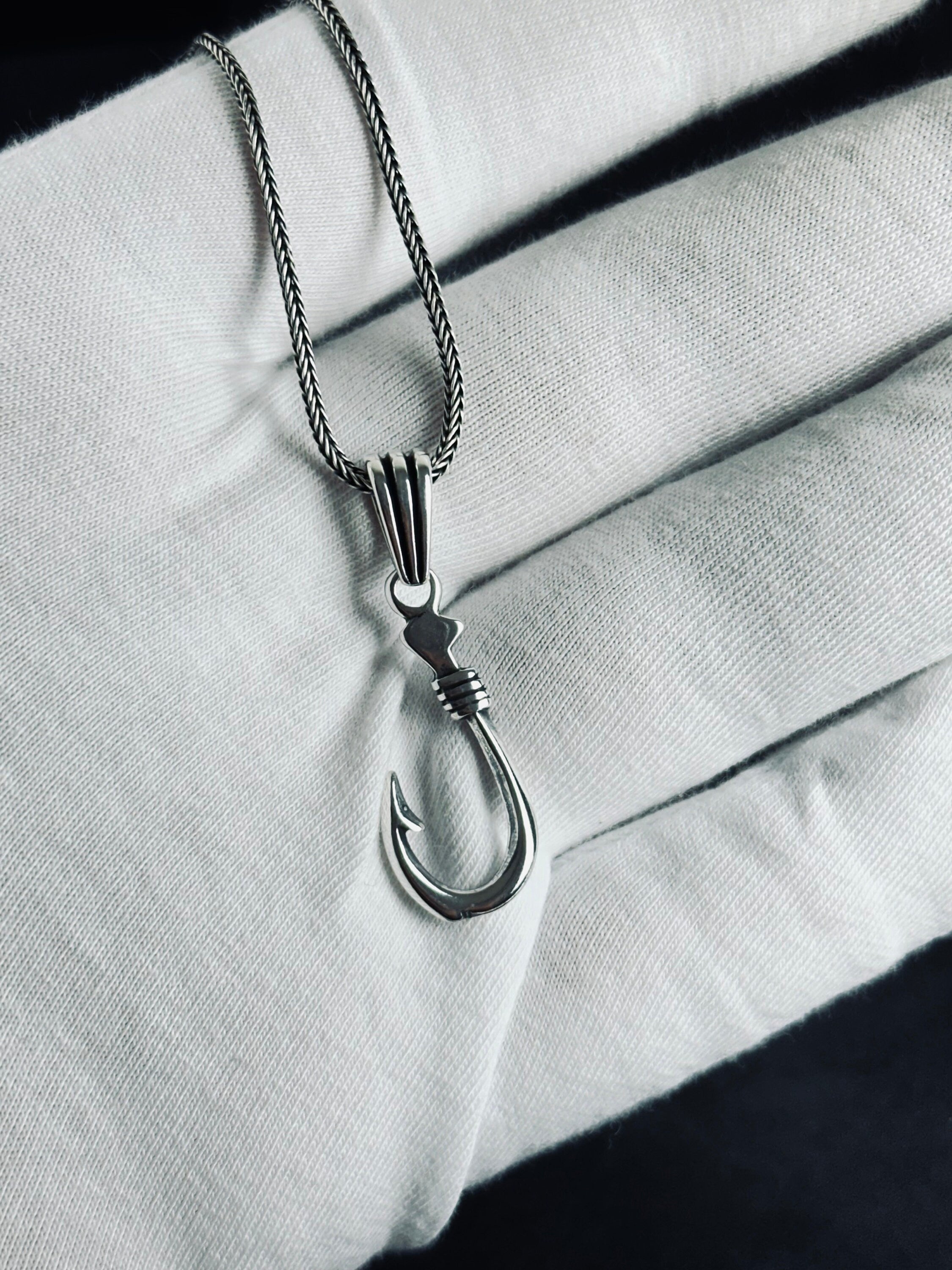 Fishing Hook Pendant Necklace: Silver Jewelry (Chain Length Options)