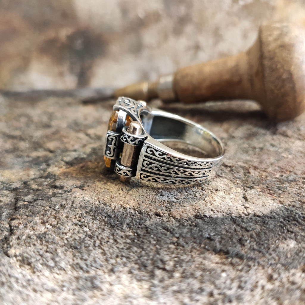 Citrine Zircon Sterling Silver Ring: Handmade Turkish Men's Jewelry