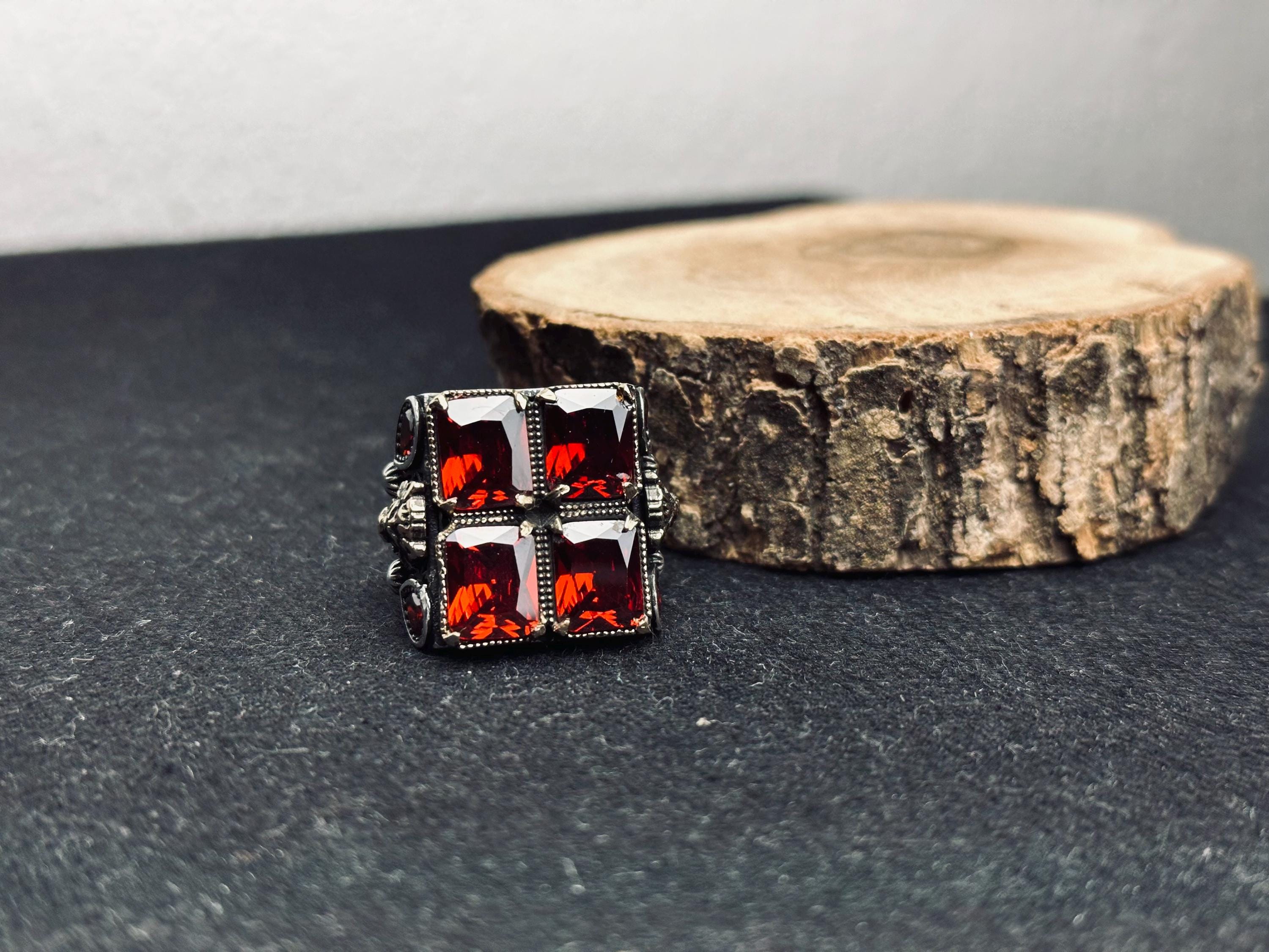 Men’s Ruby Ring, Sterling Silver, Bold Square Red Gemstone (Handmade)