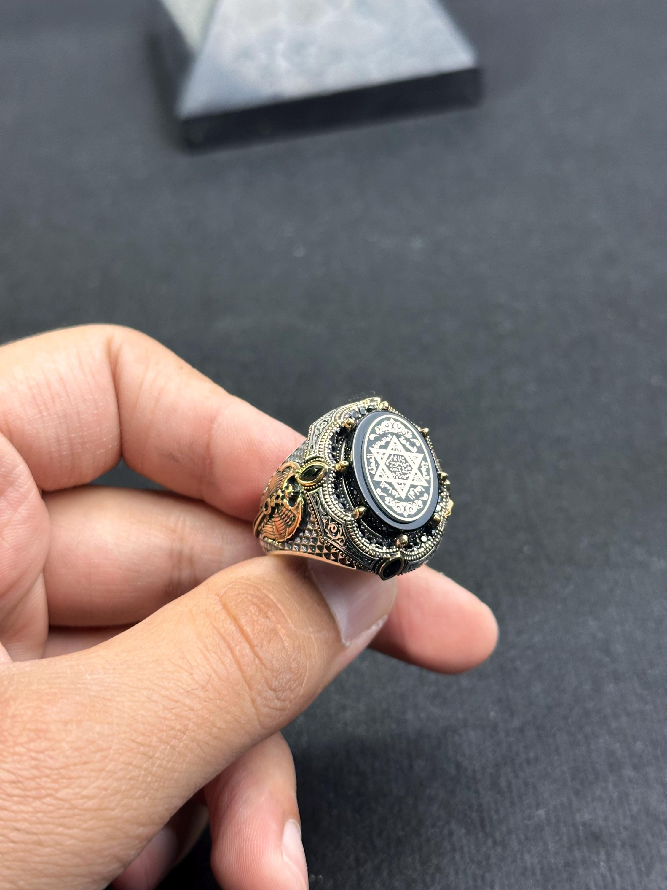 Sterling Silver Solomon Seal Ring - Amber Stone Protection