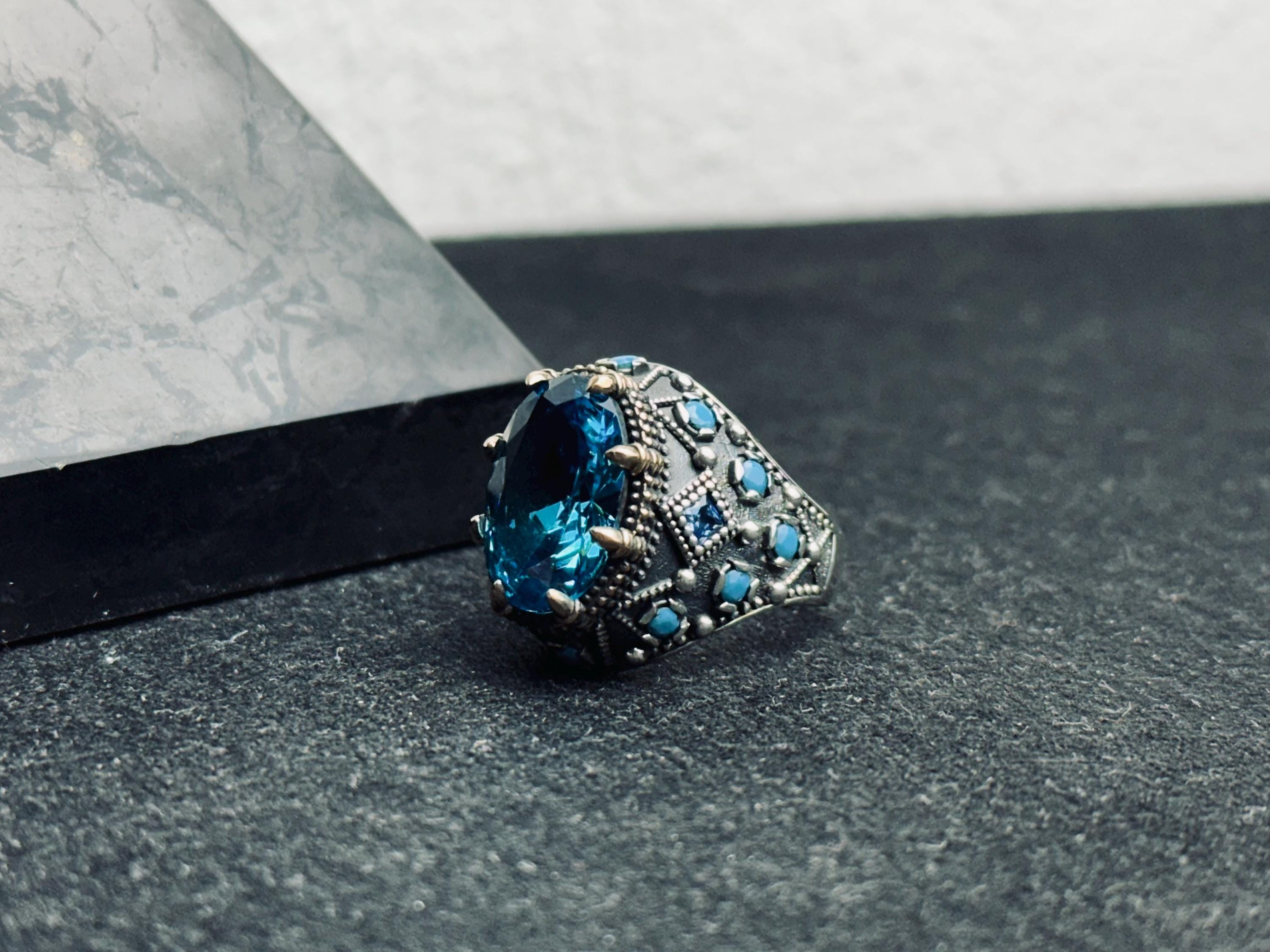 Men's Aquamarine Ring: Handmade Turkish Silver - March Birthstone