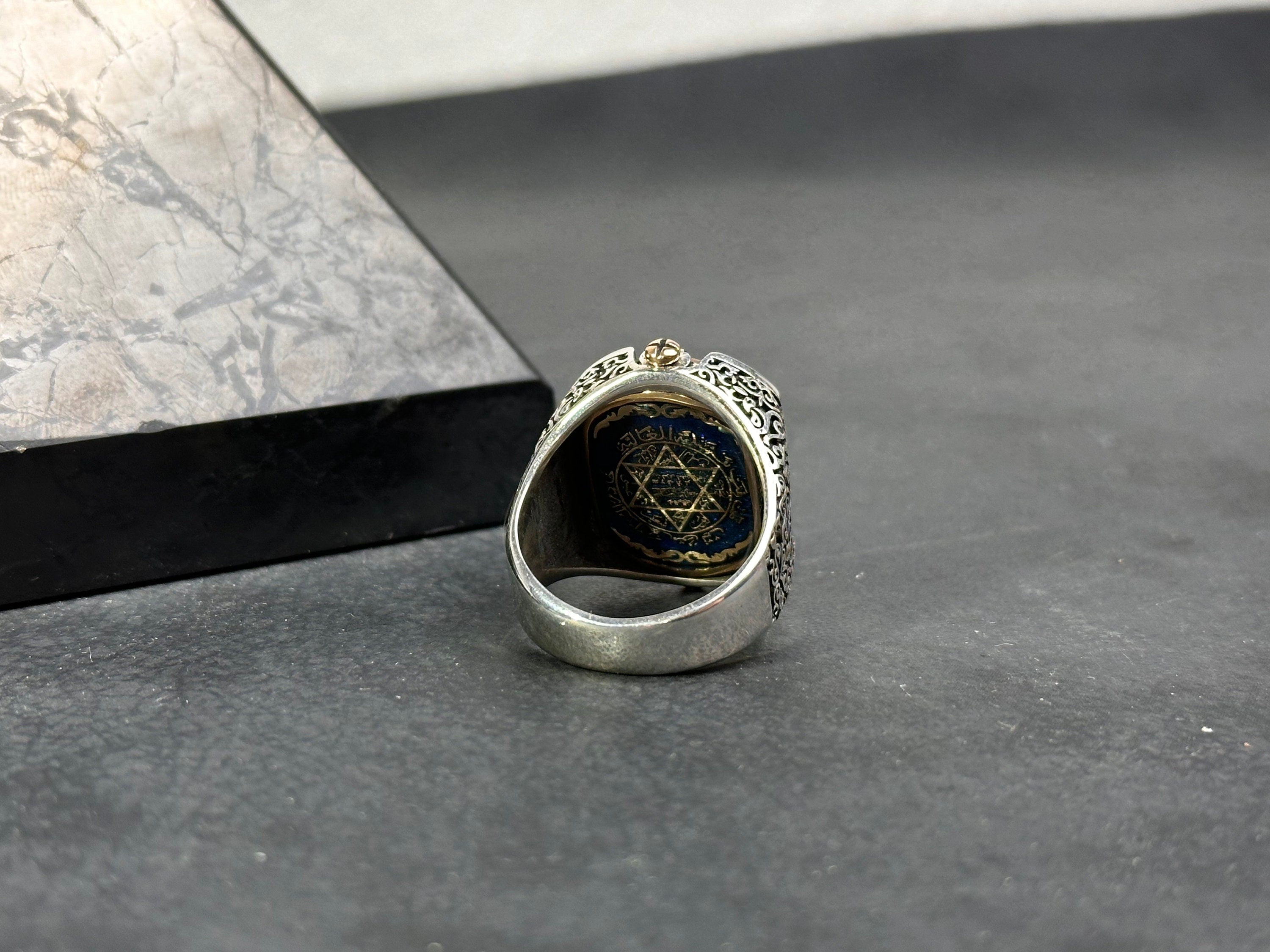 Men's Red Agate Silver Ring, Seal of Solomon (Double-Sided Design)