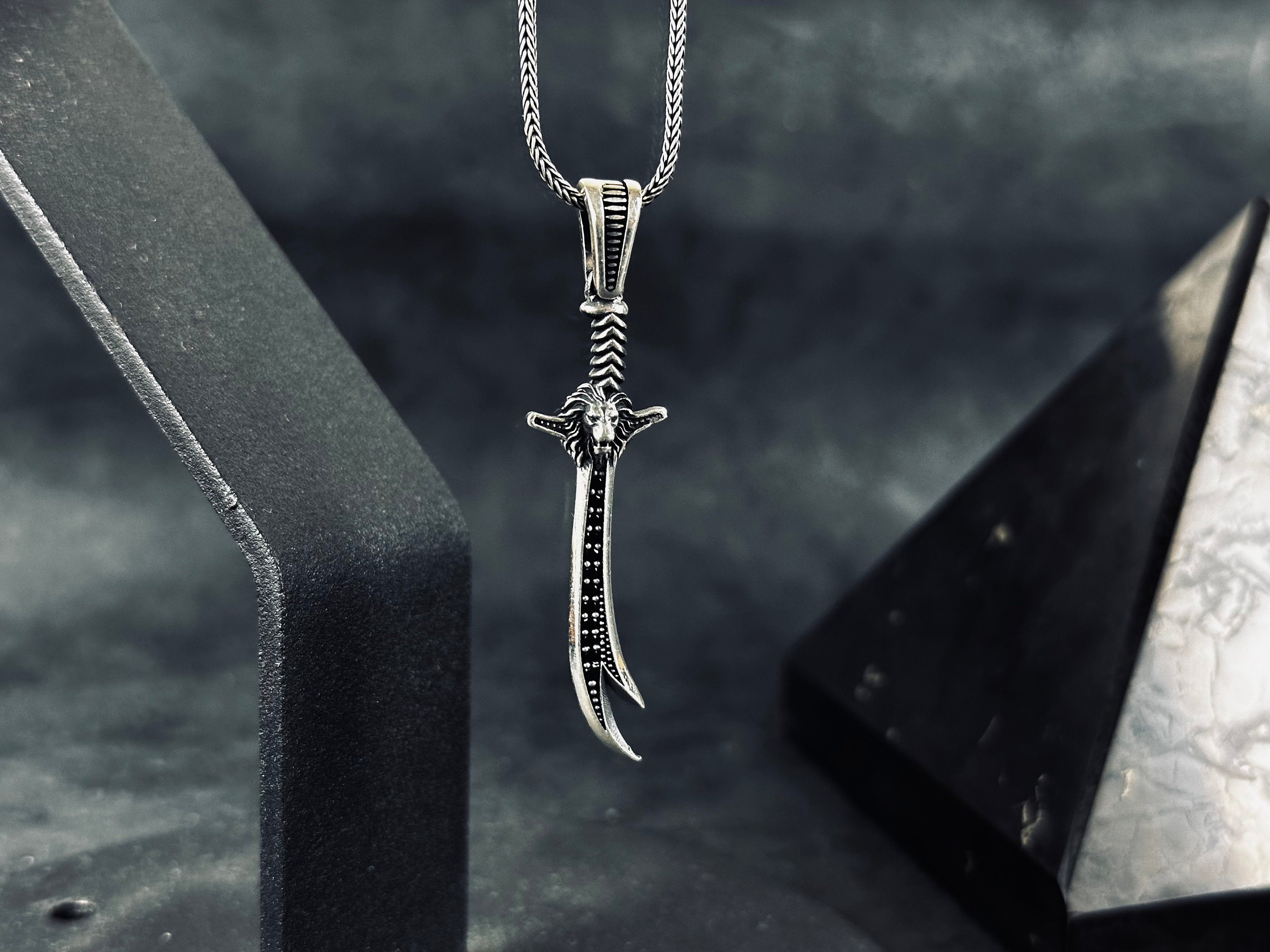 Zulfiqar Sword Necklace: Silver Lion Head Pendant - Islamic Jewelry