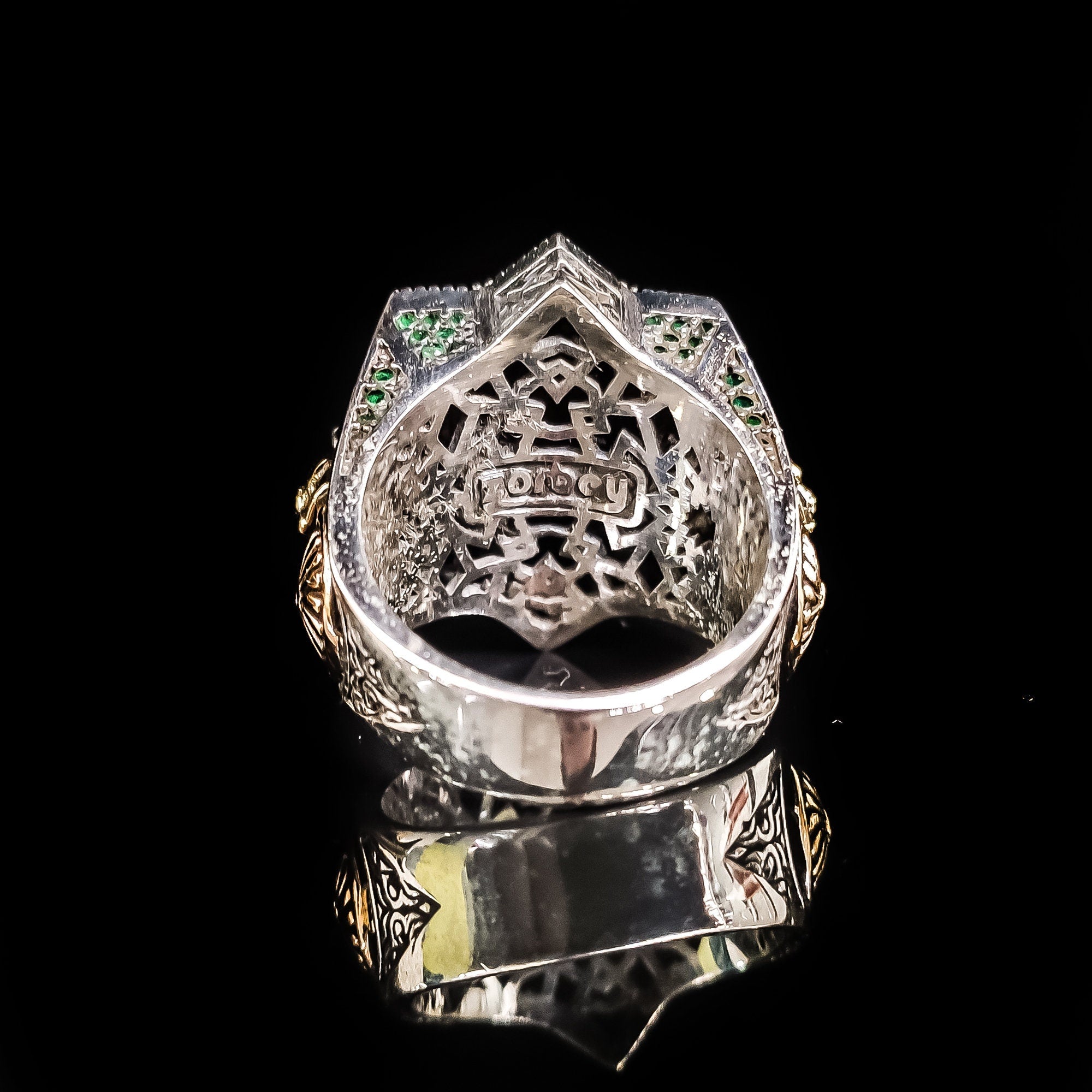 Green Zircon Silver Ring - Ottoman Embroidered Helmet Style