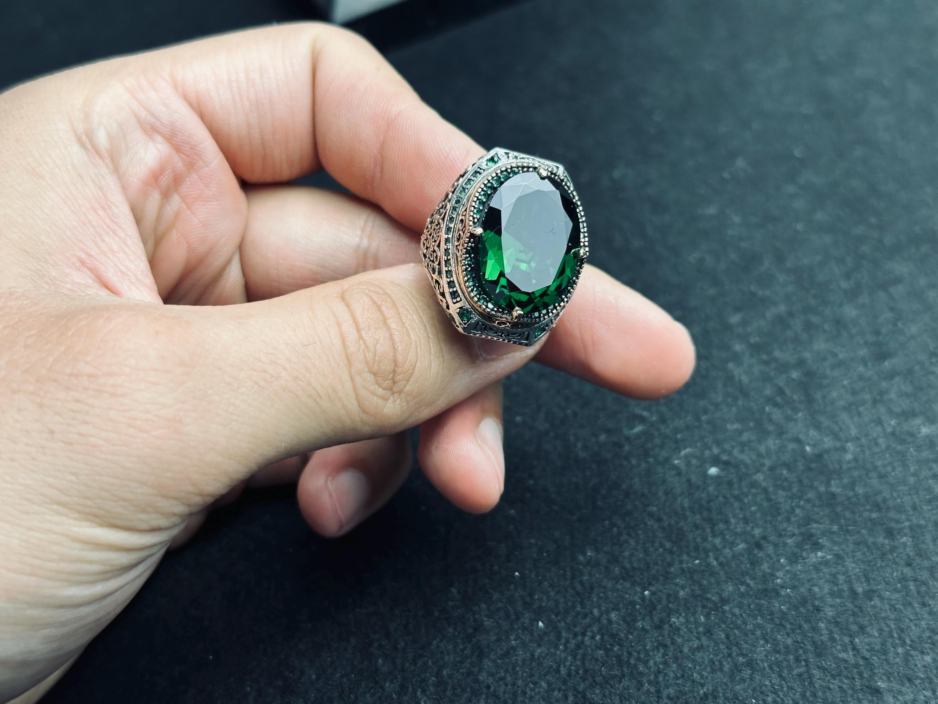 Colombian Emerald Men’s Ring, Oval Stone, Eagle Detail (Sterling Silver)