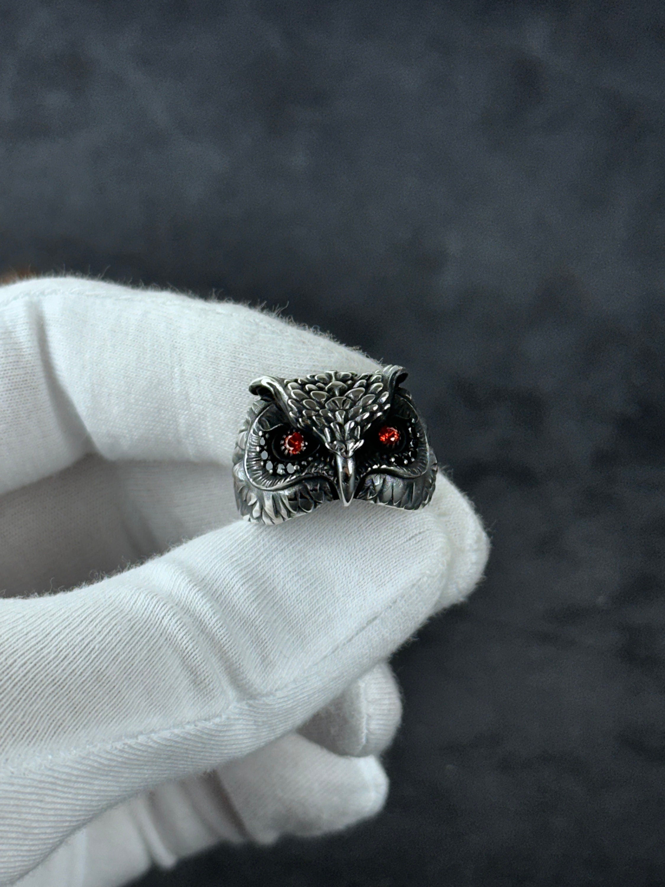 Owl Ring: Sterling Silver, Zircon Eye Detail - Handmade Statement
