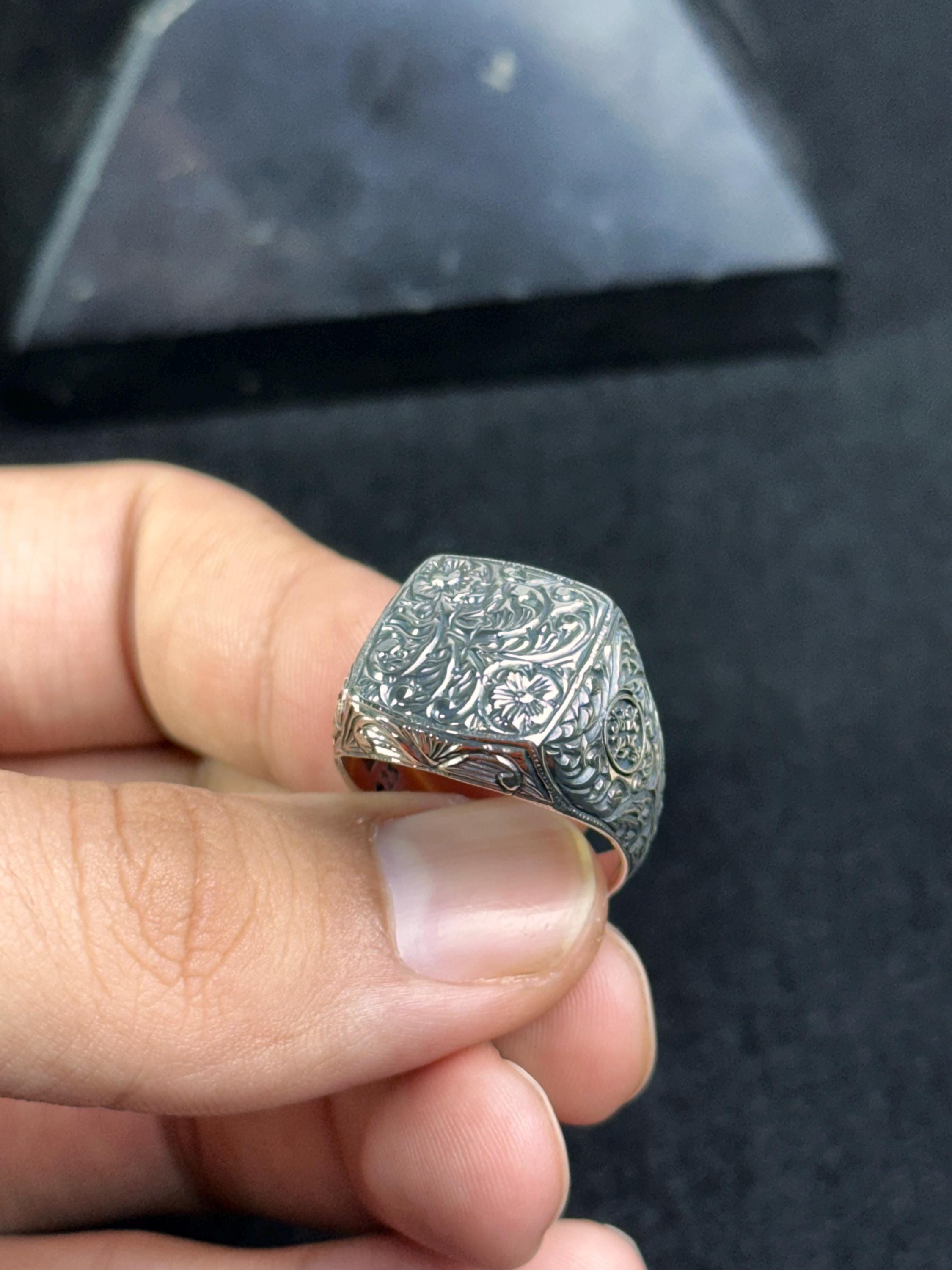 Men's Silver Ring: Engraved Tree Bark Style - Handmade 925 Sterling