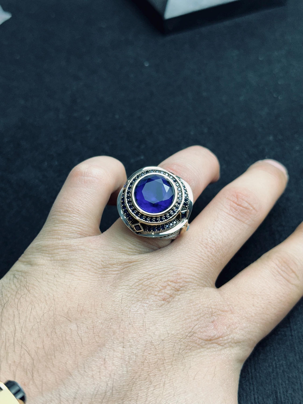 Men's Sterling Silver Ring: Blue Zircon Stone - Handmade Turkish Design