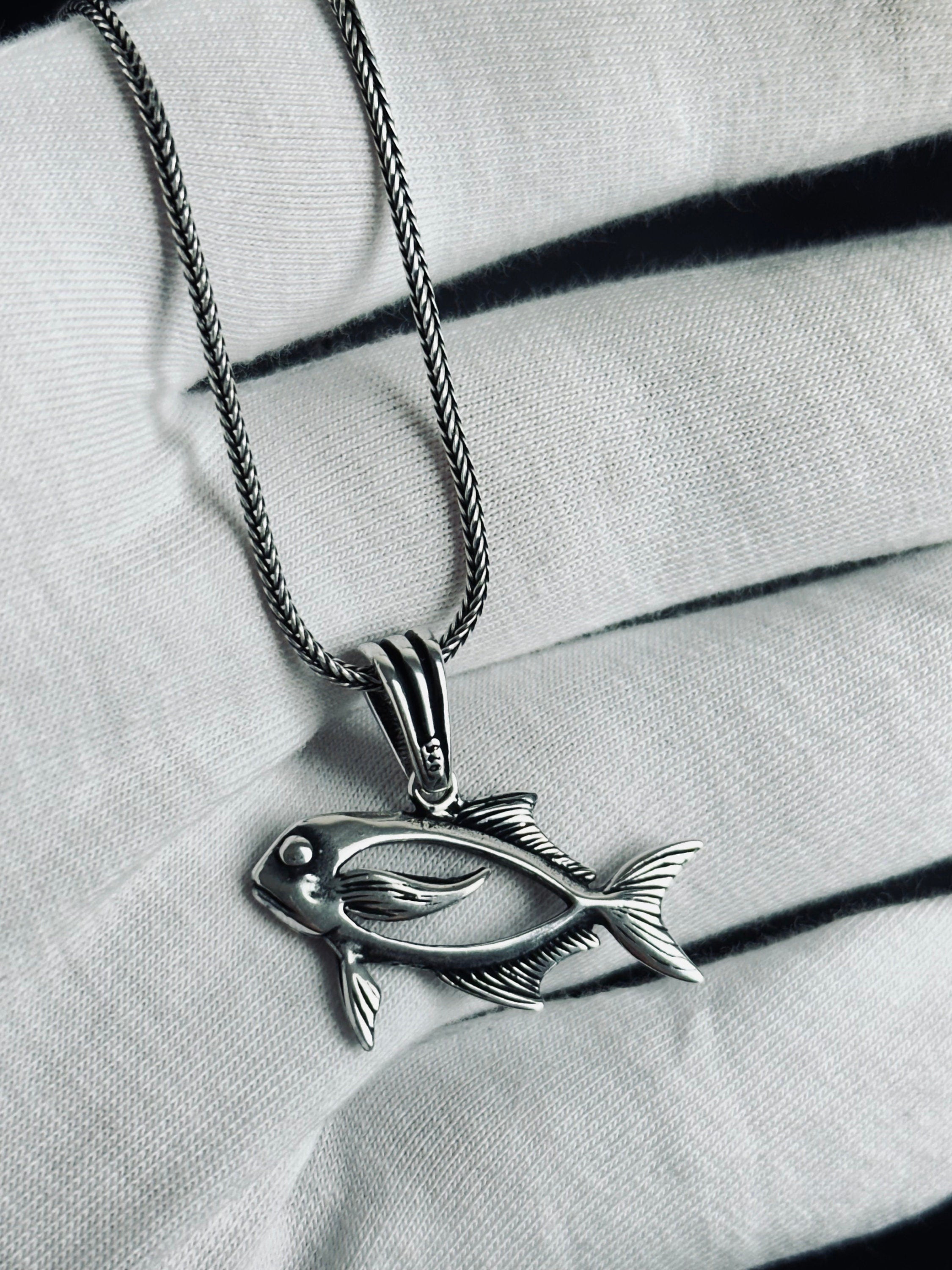 Silver Fish Pendant Necklace, Aquatic Design (Multiple Chain Sizes)