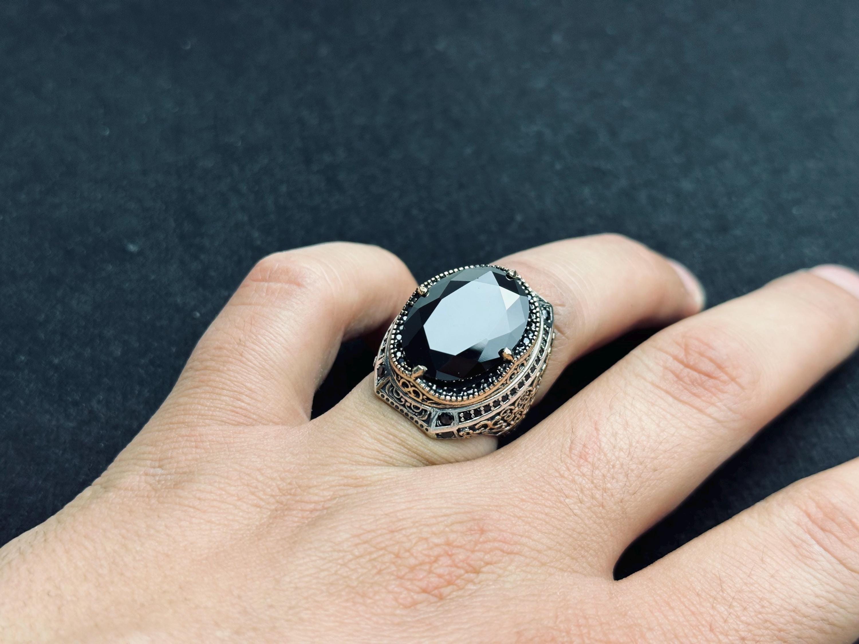 Black Zircon Men's Ring: Sterling Silver Zulfiqar Sword