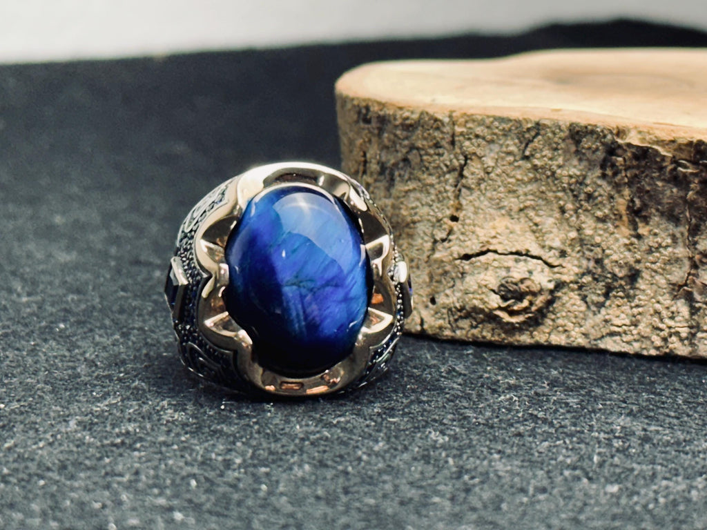 Men's Sapphire Ring: Oxidized Silver - Handmade Statement Jewelry