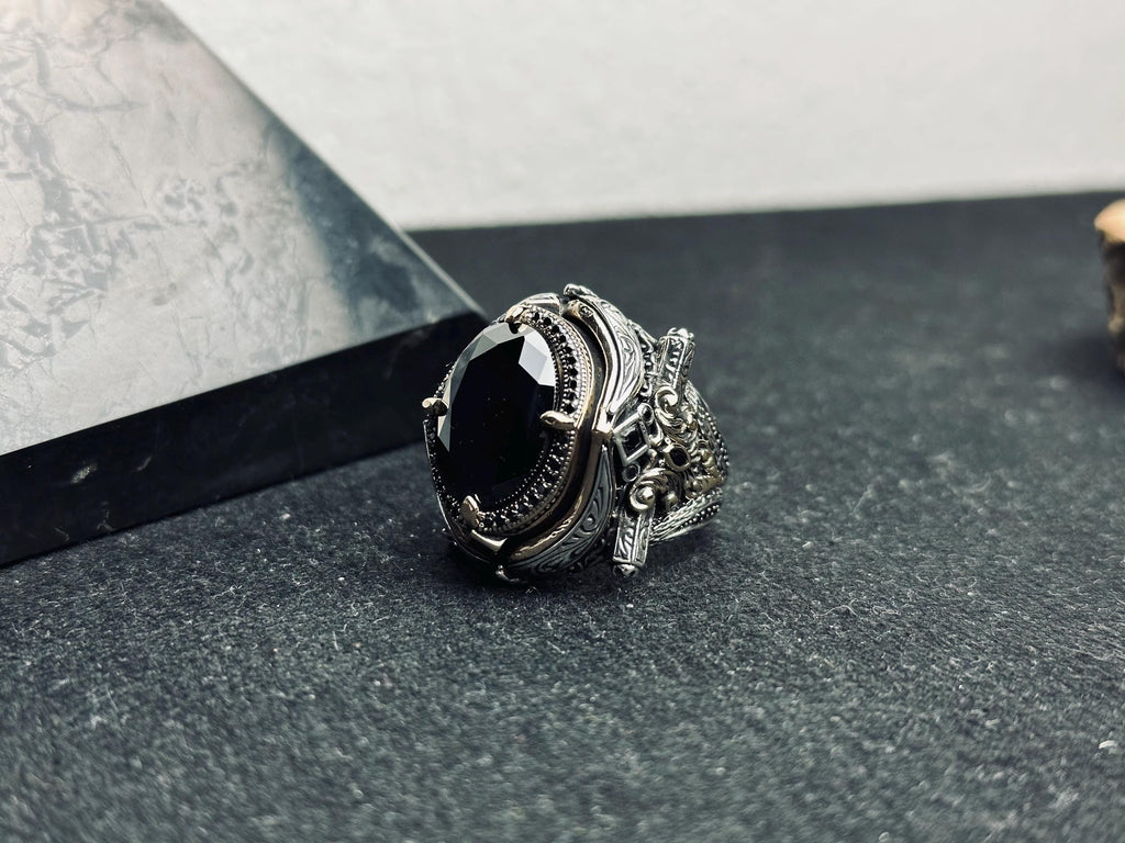 Statement Men’s Ring: Black Zircon Silver (Handmade, Large)