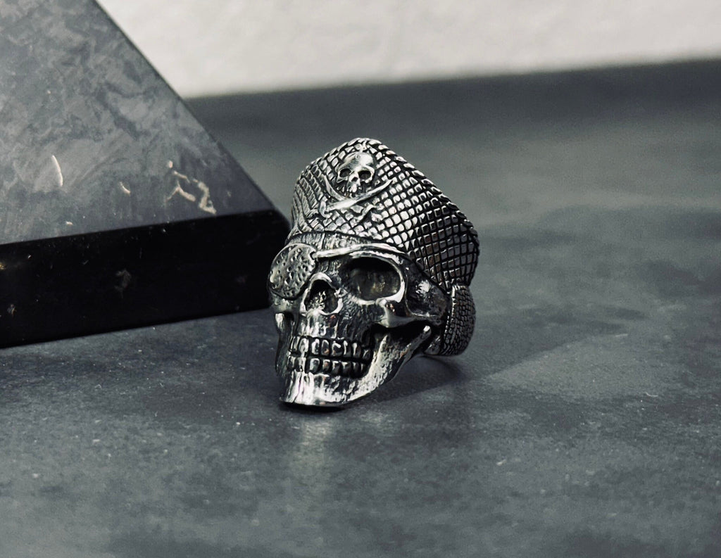 Sterling Silver Pirate Skull Ring: Gothic Biker Captain Design