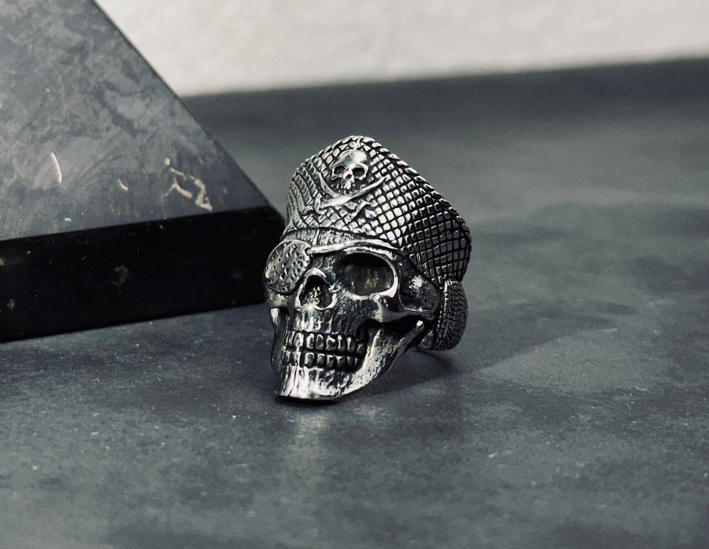 Sterling Silver Pirate Skull Ring: Gothic Biker Captain Design