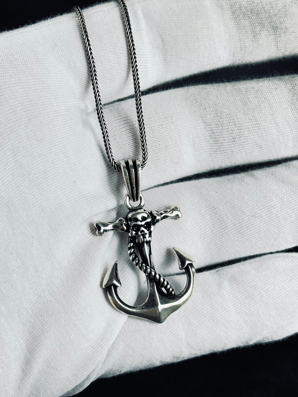 Nautical Silver Necklace, Skull and Anchor Pendant (Adjustable Chain)