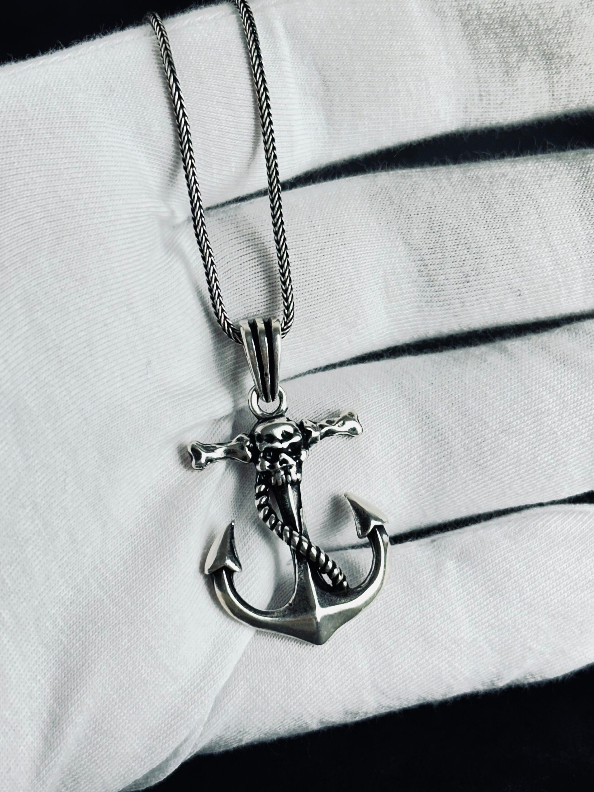 Nautical Silver Necklace, Skull and Anchor Pendant (Adjustable Chain)