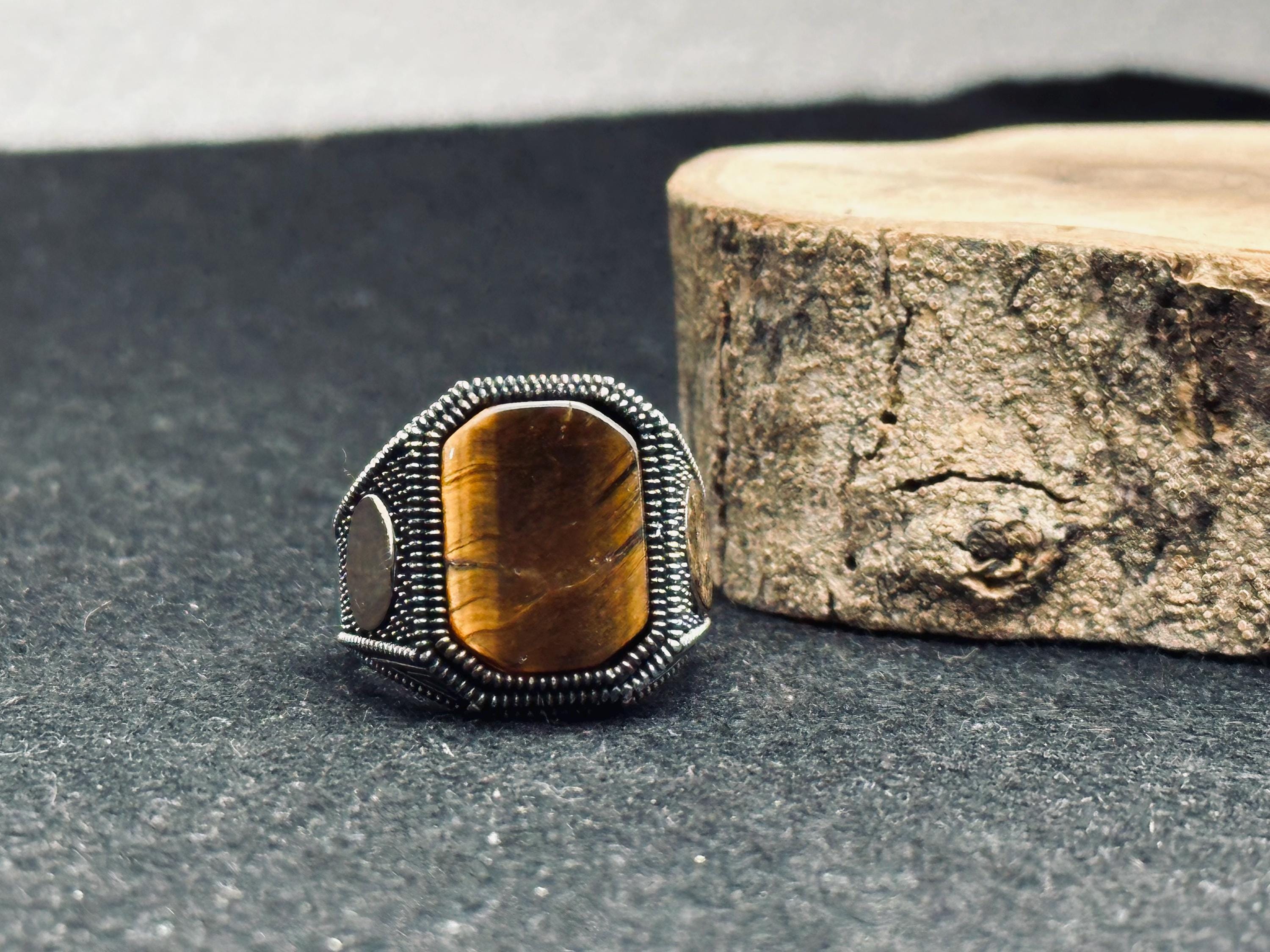 Men's Tiger's Eye Ring, Sterling Silver Square (Handmade Vintage Style)