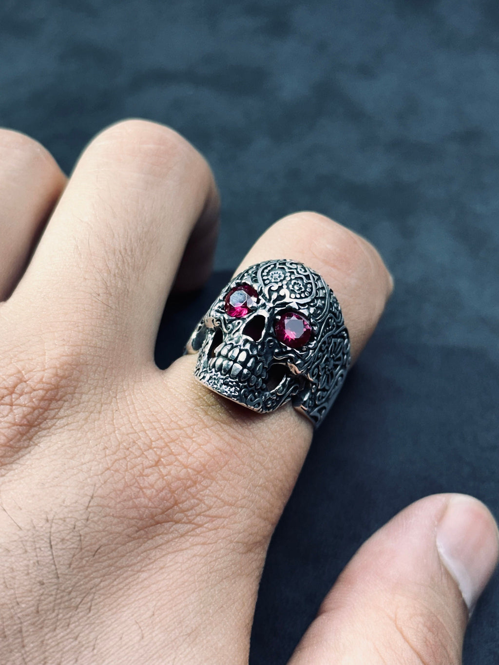 Engraved Skull Sterling Silver Ring - Biker Style with Cubic Zircon