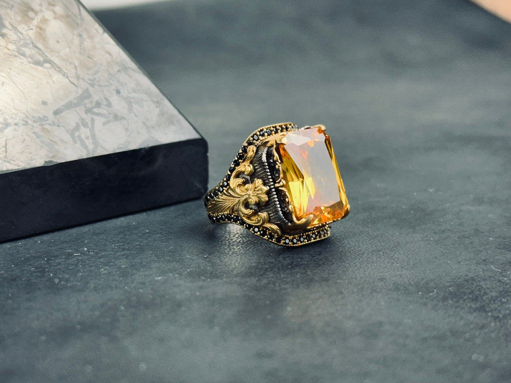 Statement Citrine Ring: Rectangular Cut in Silver (Handcrafted)