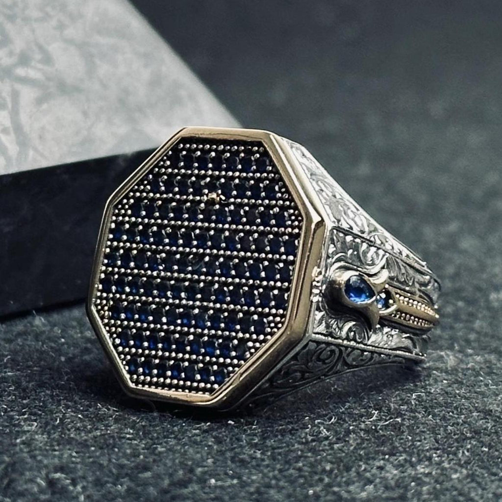 8-Shape Silver Ring for Men - Tiny Blue Zircon Detail