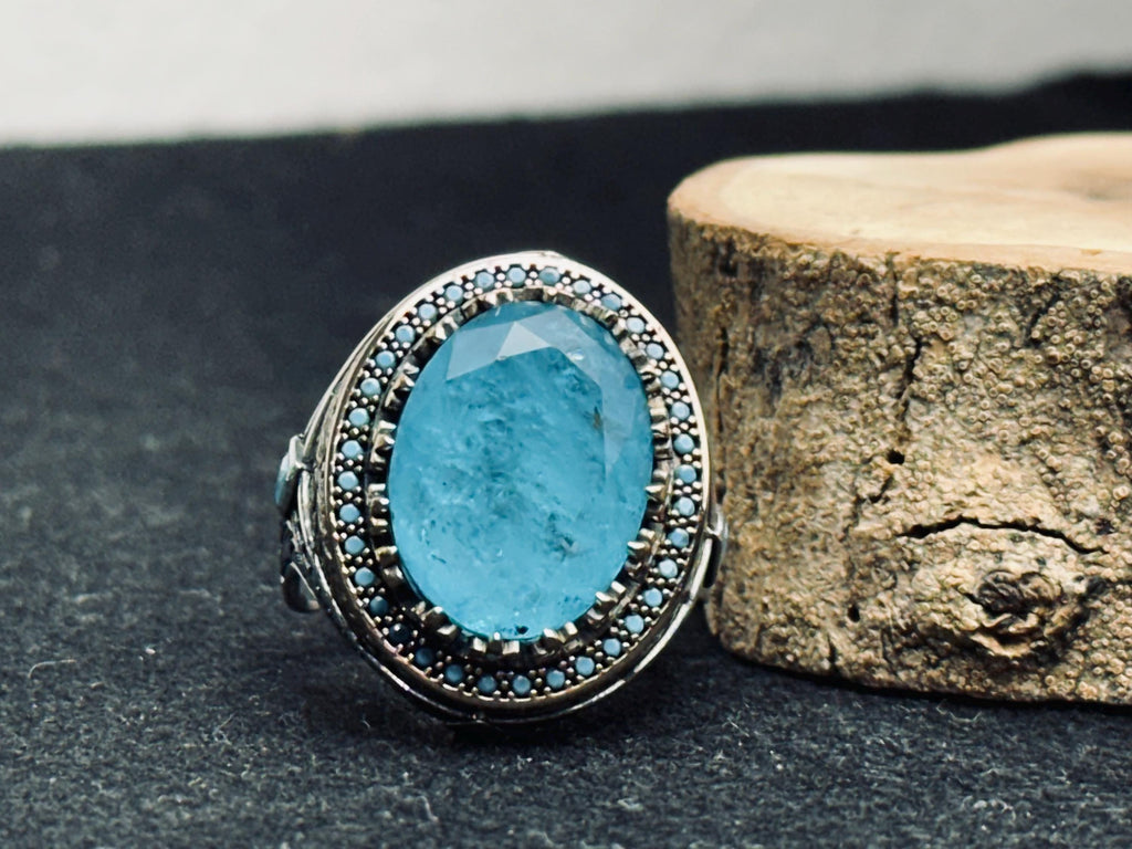 Men's Sterling Silver Signet Ring, Oval Aquamarine & Blue Paraiba (Handmade)