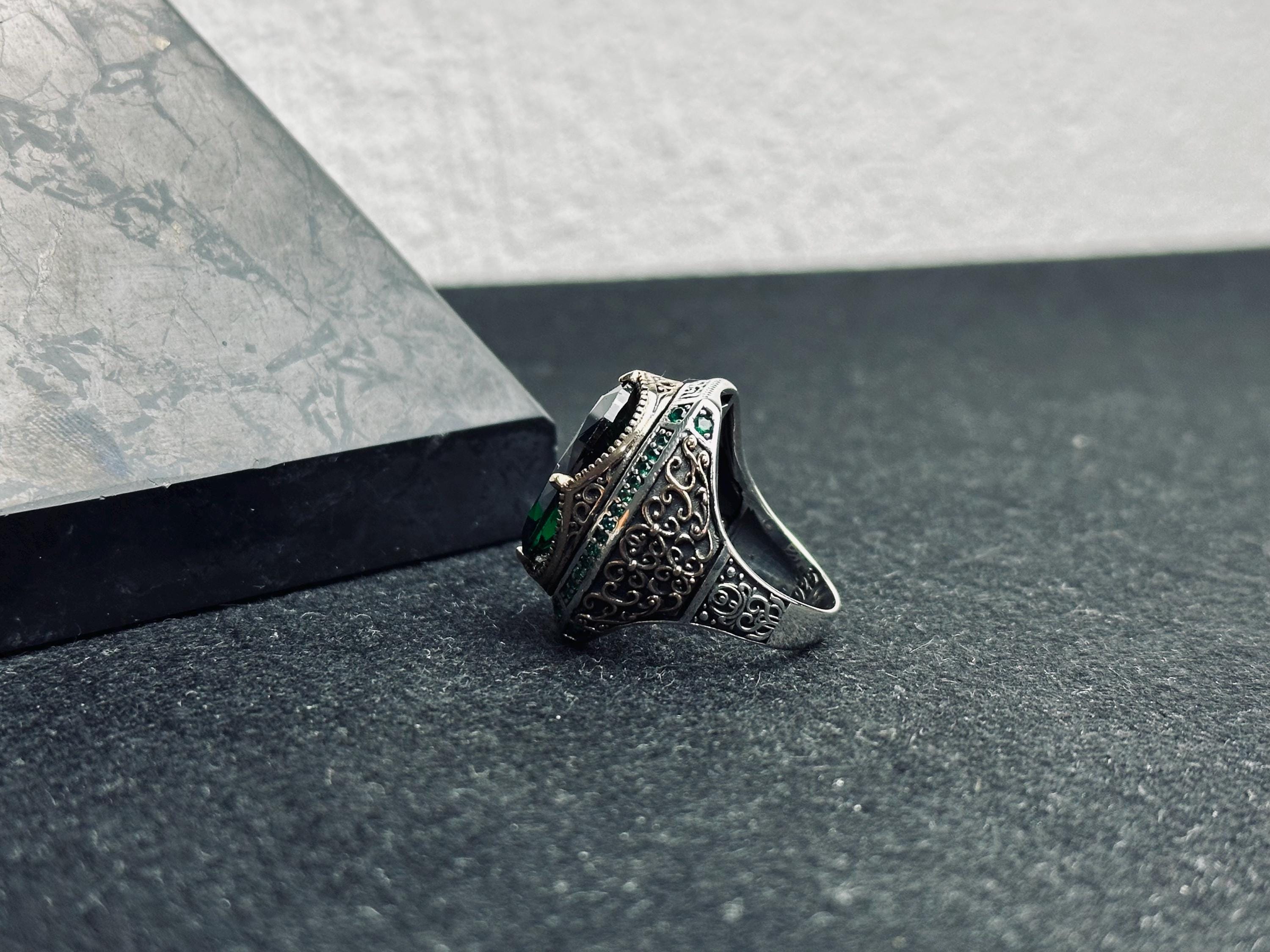 Colombian Emerald Men’s Ring, Oval Stone, Eagle Detail (Sterling Silver)