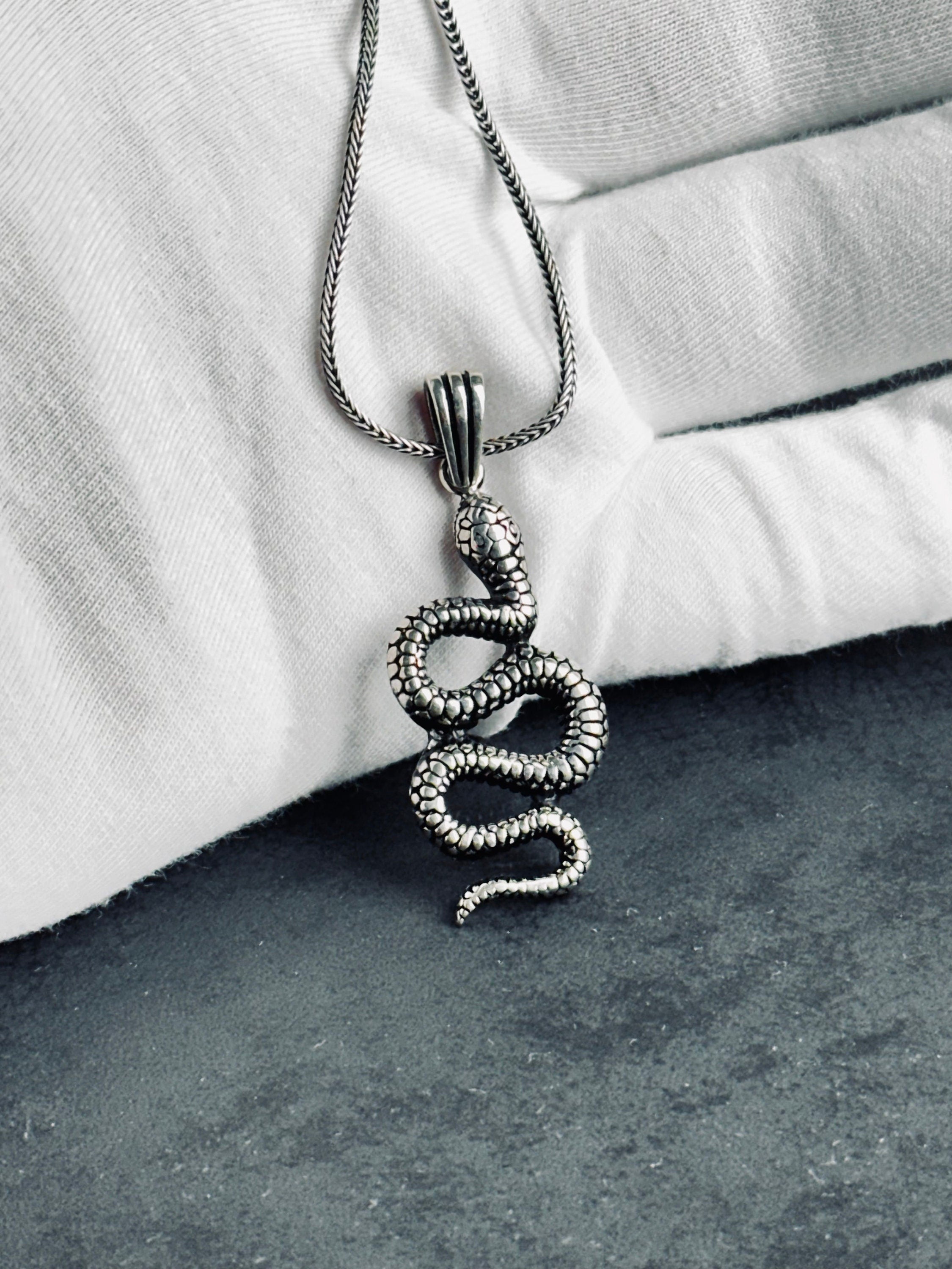 Snake Pendant Necklace: Sterling Silver Handmade - Adjustable Chain