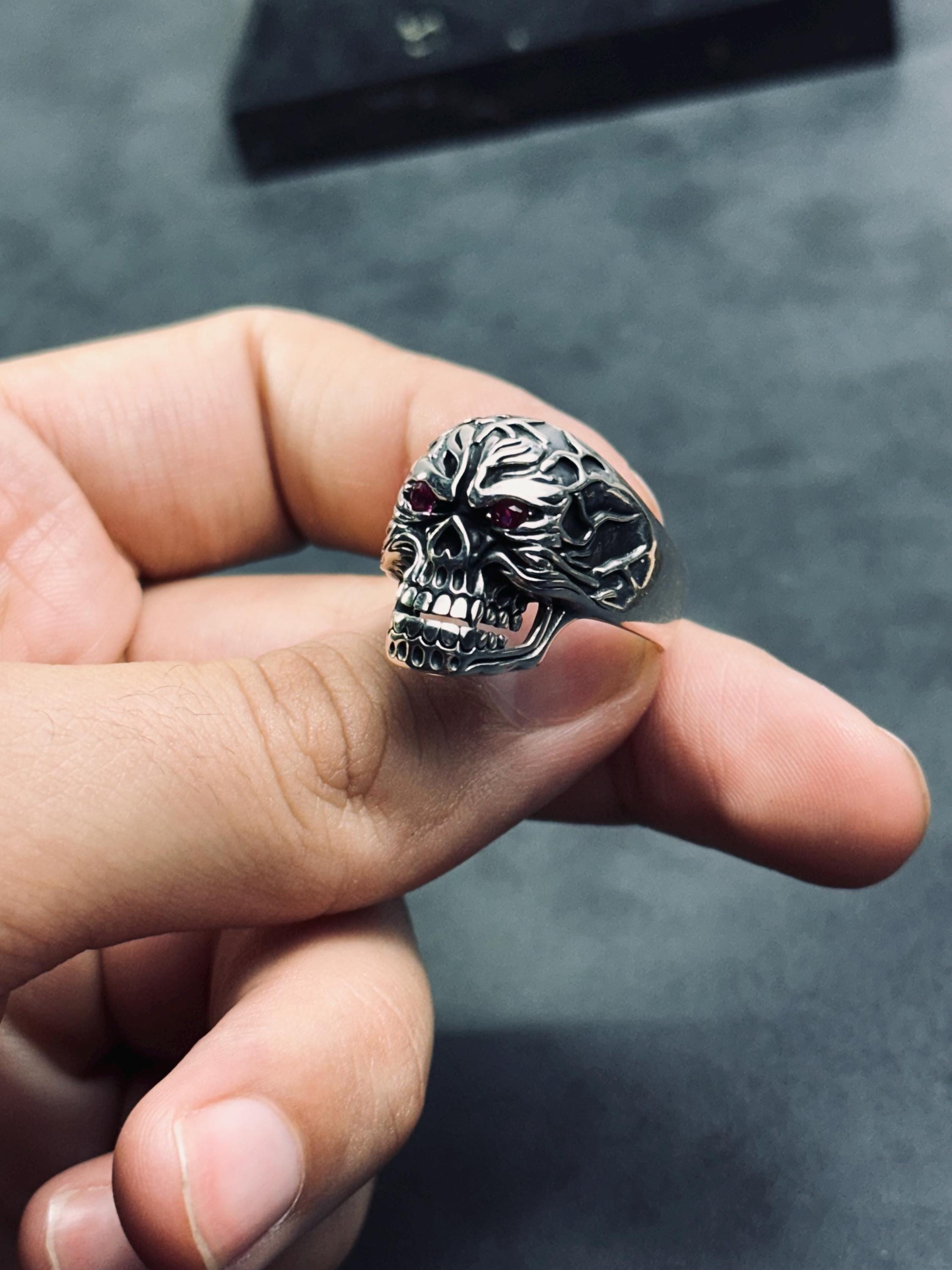 Skull Ring: Sterling Silver Biker Goth - Handmade Design